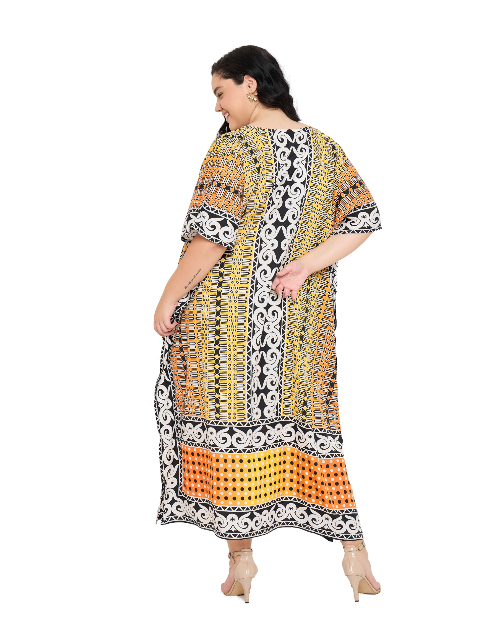 Black Polyester Tribal Plus Size V Neck Women Kaftan Dress