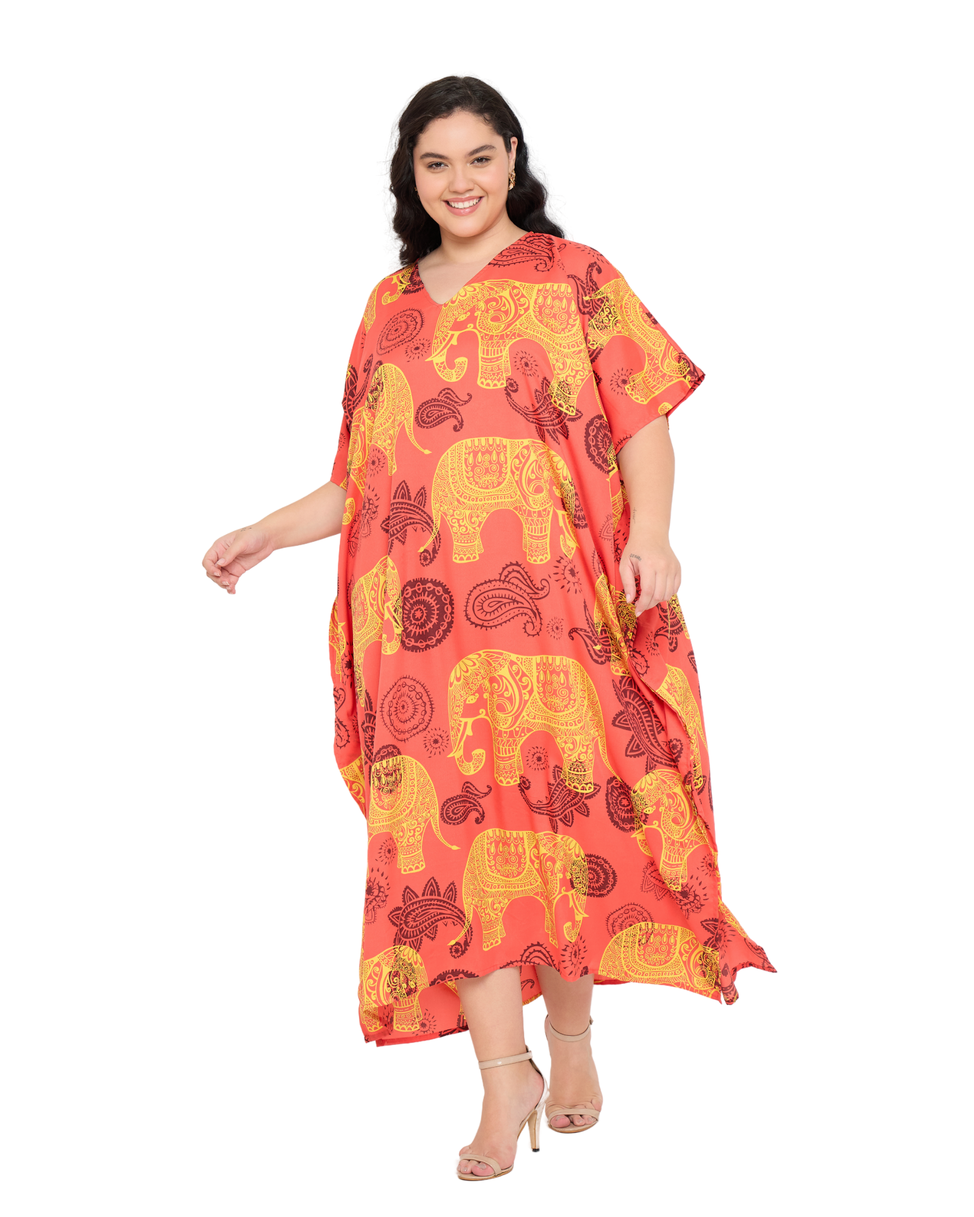 Coral Red Animal Polyester Women Plus Size Kaftan Dress