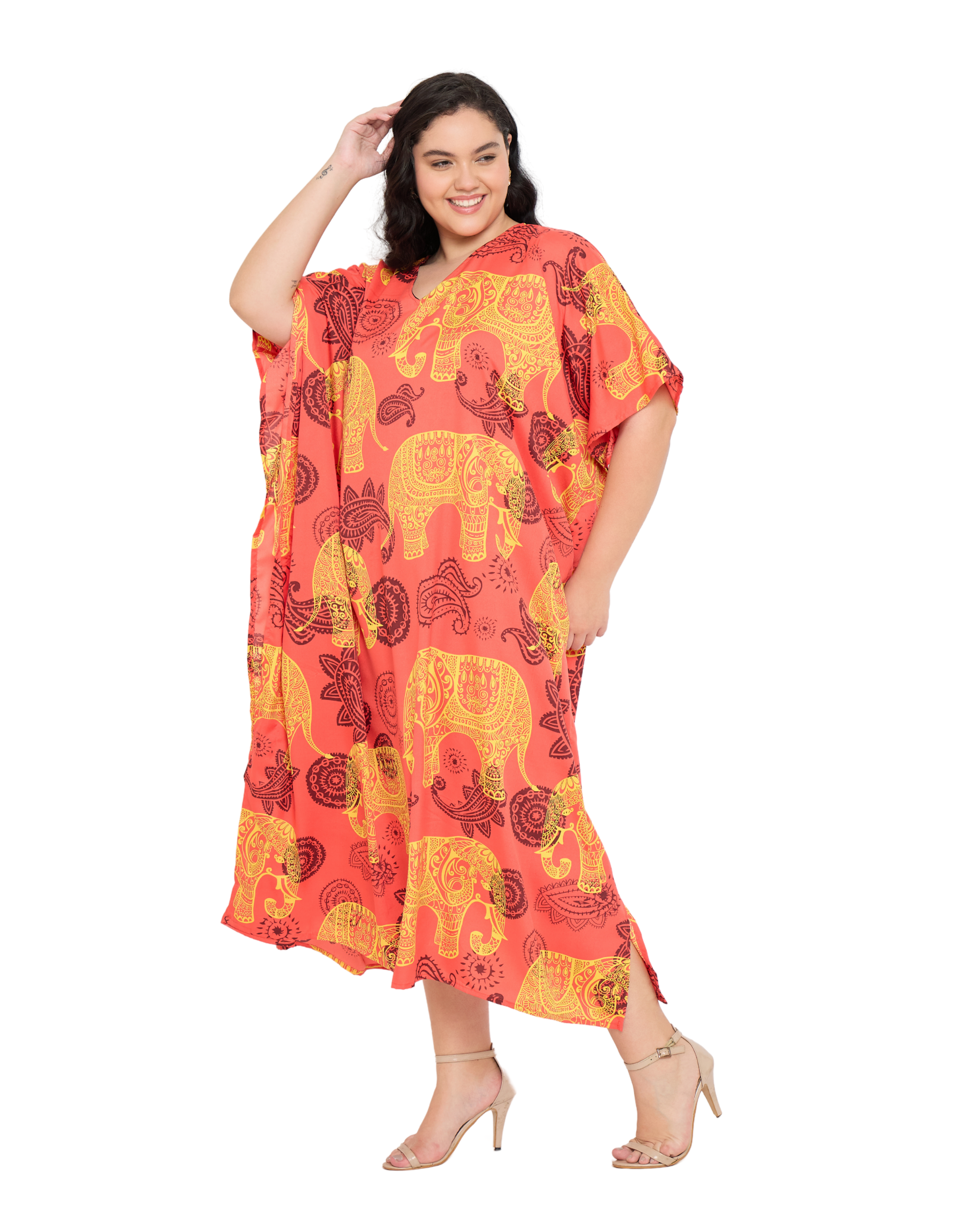 Coral Red Animal Polyester Women Plus Size Kaftan Dress