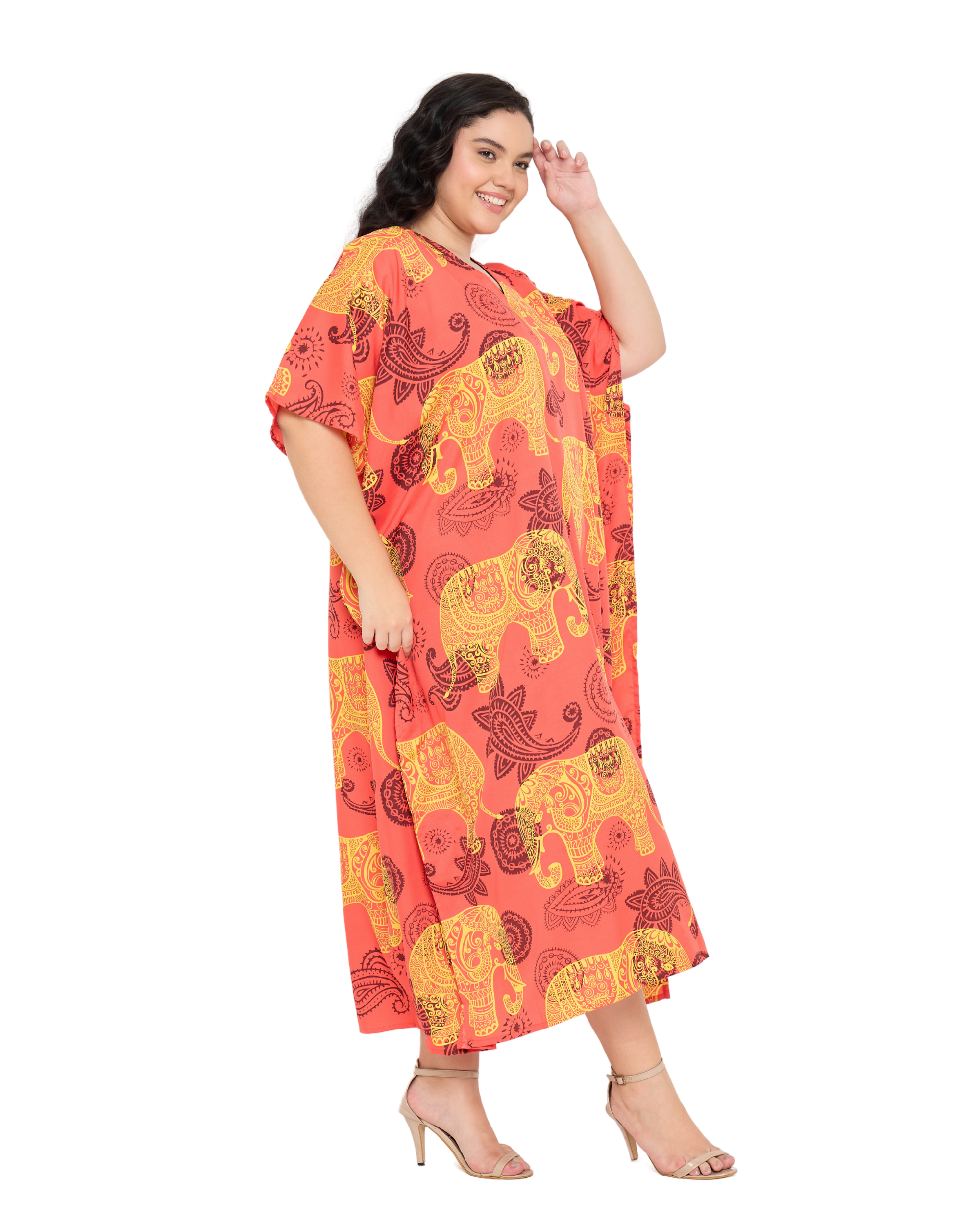 Coral Red Animal Polyester Women Plus Size Kaftan Dress
