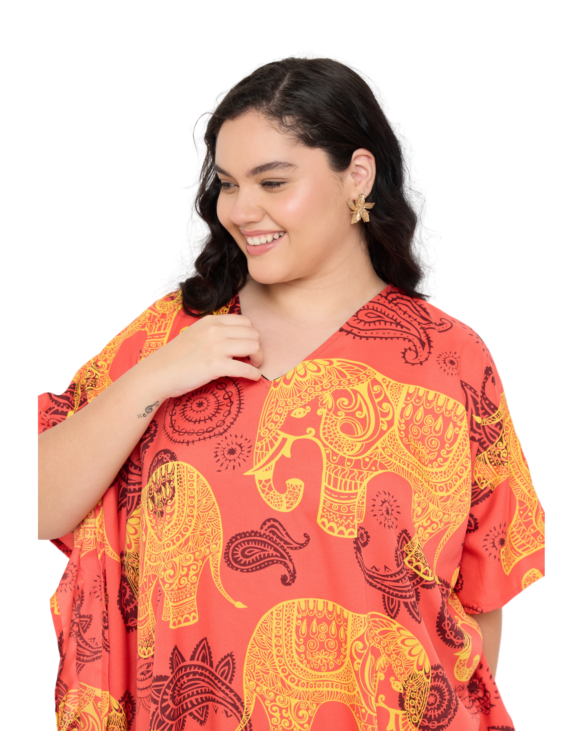 Coral Red Animal Polyester Women Plus Size Kaftan Dress