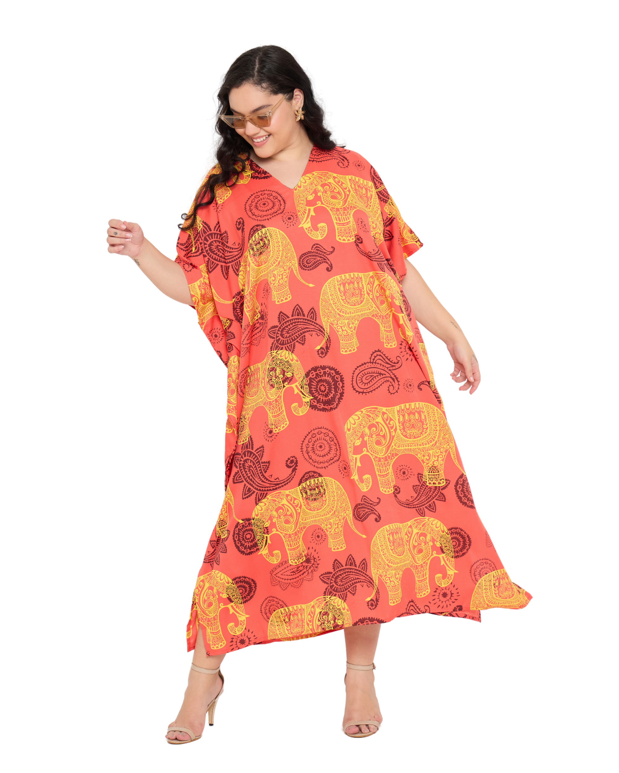 Coral Red Animal Polyester Women Plus Size Kaftan Dress