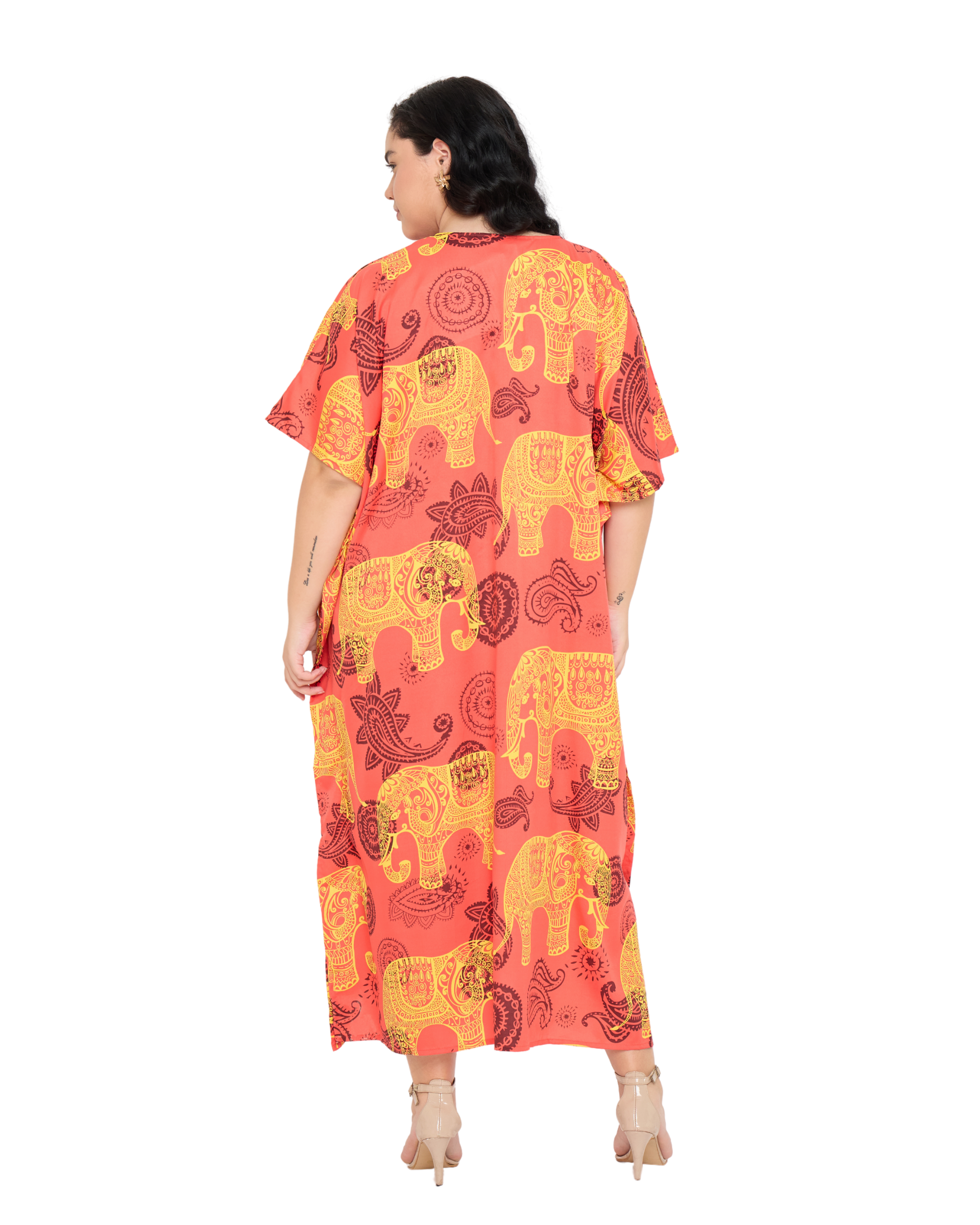 Coral Red Animal Polyester Women Plus Size Kaftan Dress