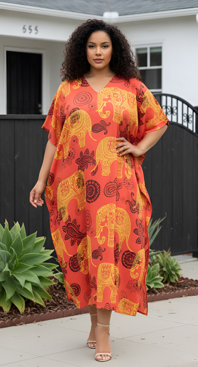 Coral Red Animal Polyester Women Plus Size Kaftan Dress