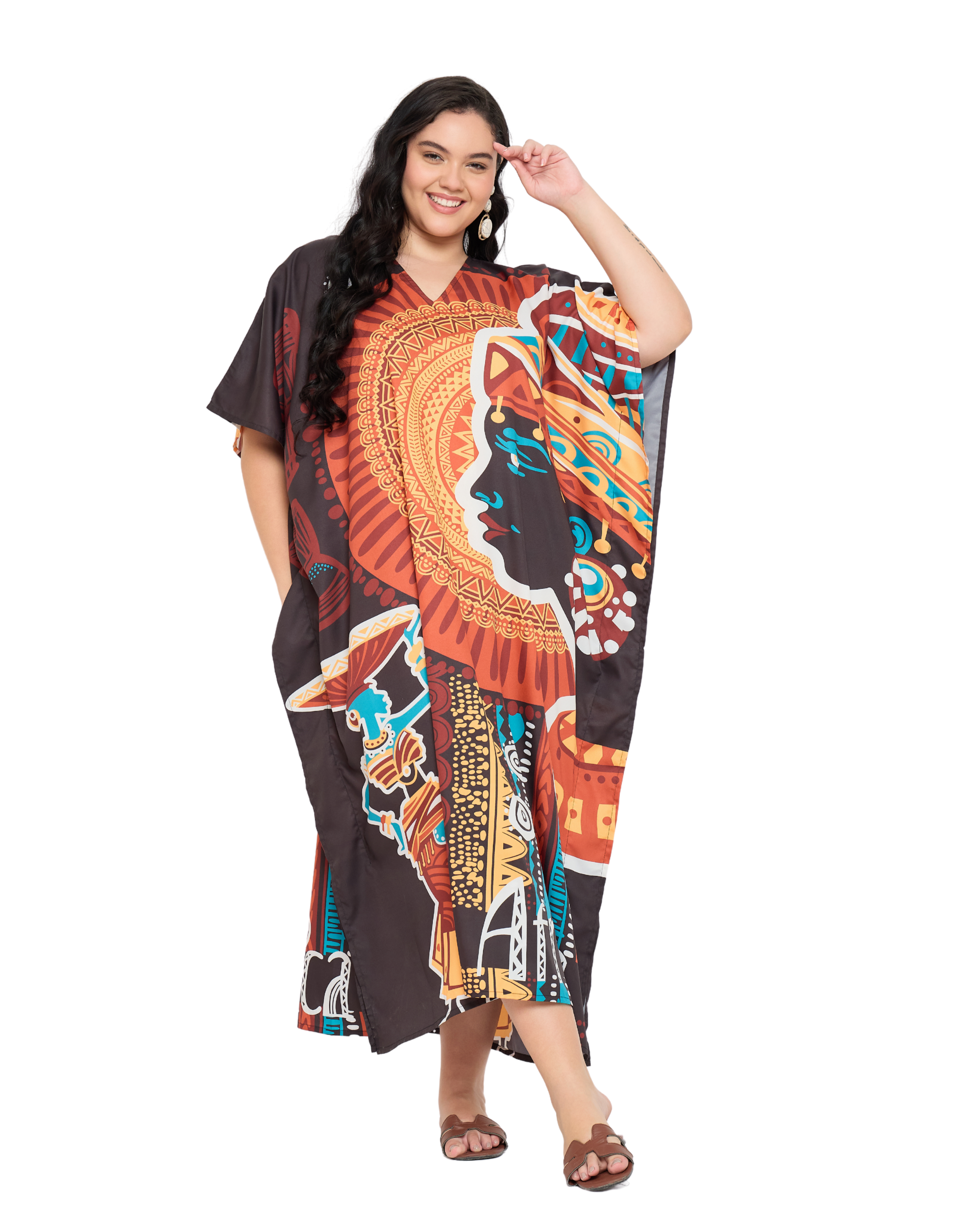 Brown Polyester Tribal Plus Size Caftan Dress for Women