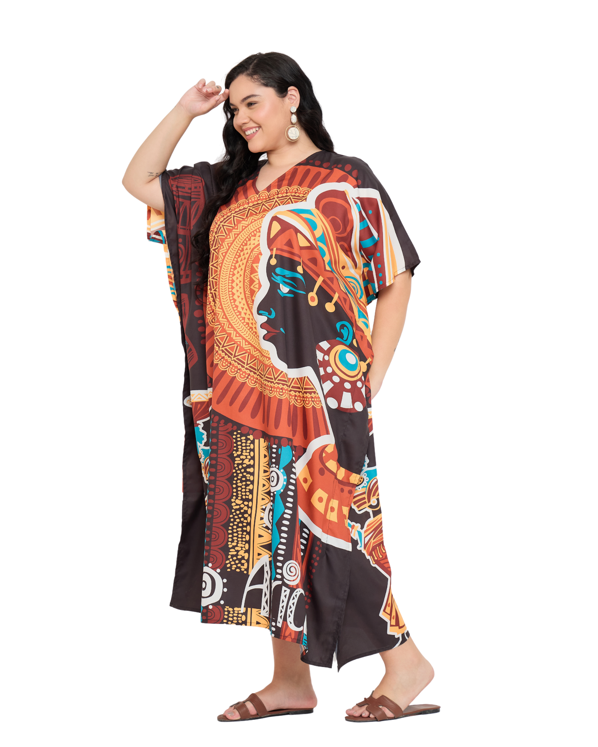 Brown Polyester Tribal Plus Size Caftan Dress for Women