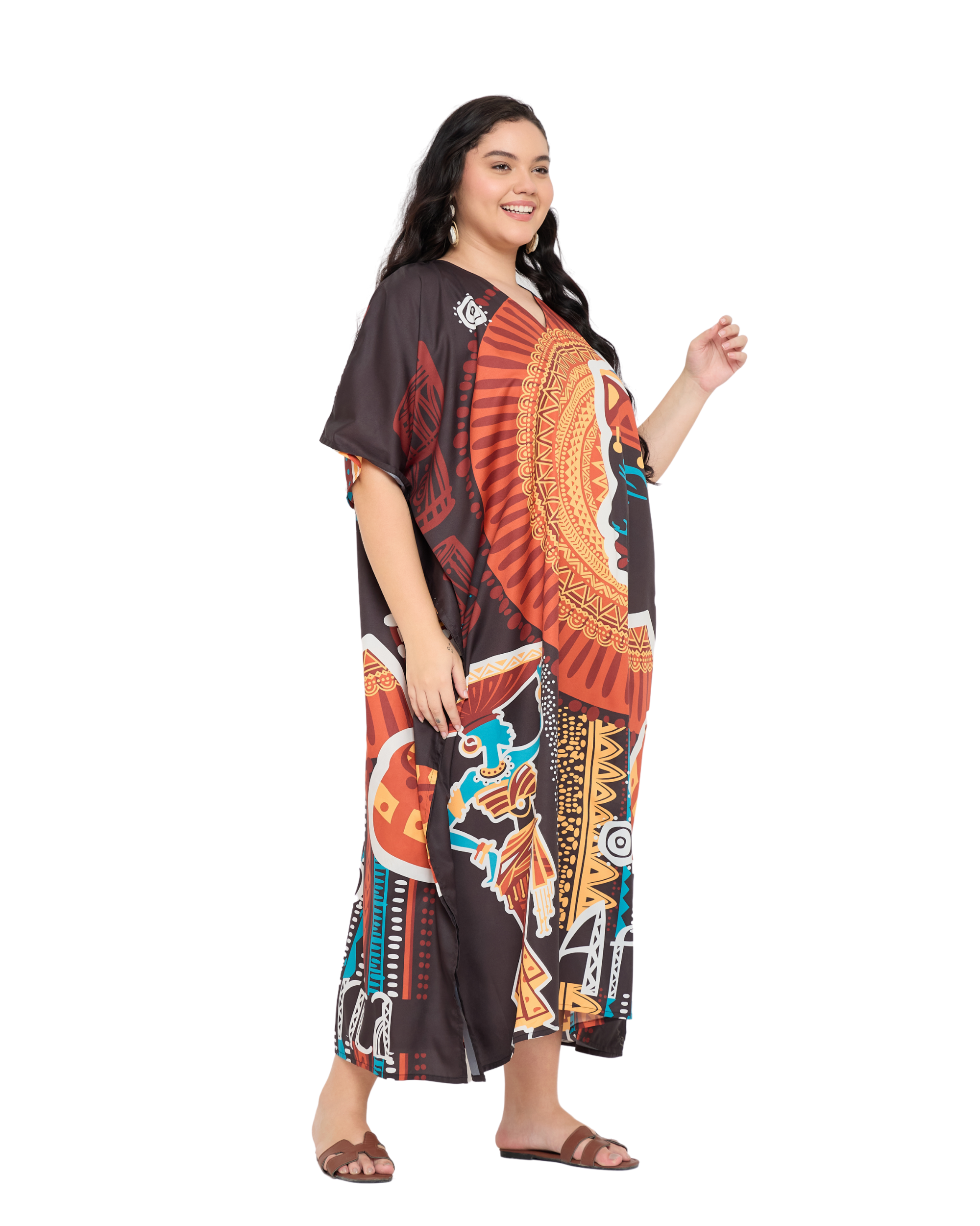 Brown Polyester Tribal Plus Size Caftan Dress for Women