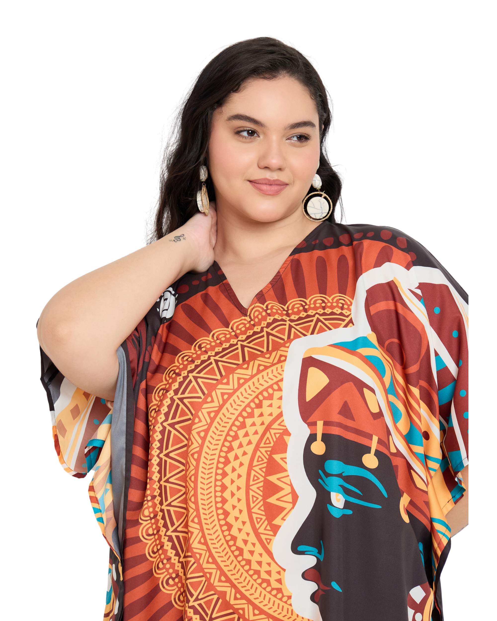 Brown Polyester Tribal Plus Size Caftan Dress for Women