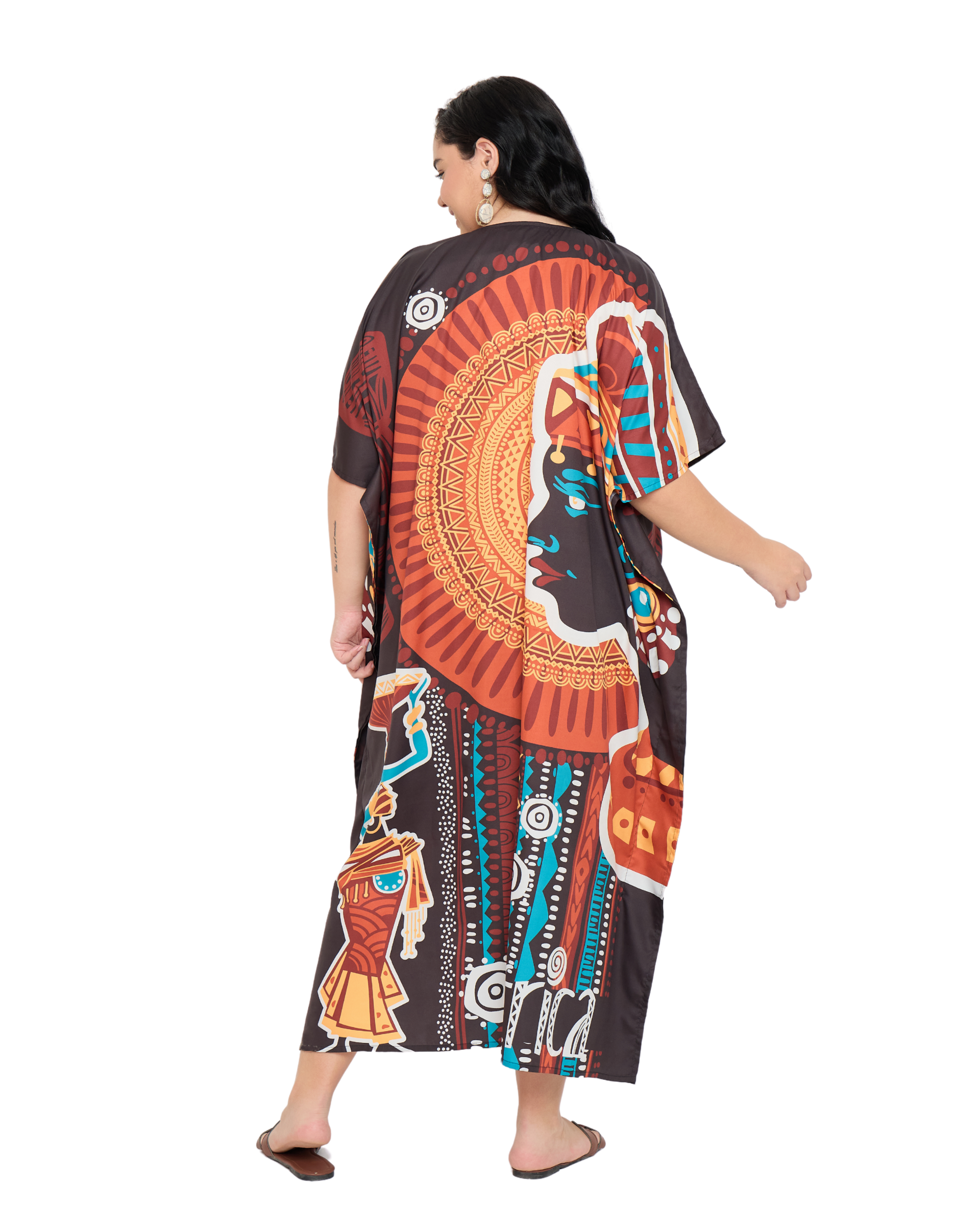 Brown Polyester Tribal Plus Size Caftan Dress for Women