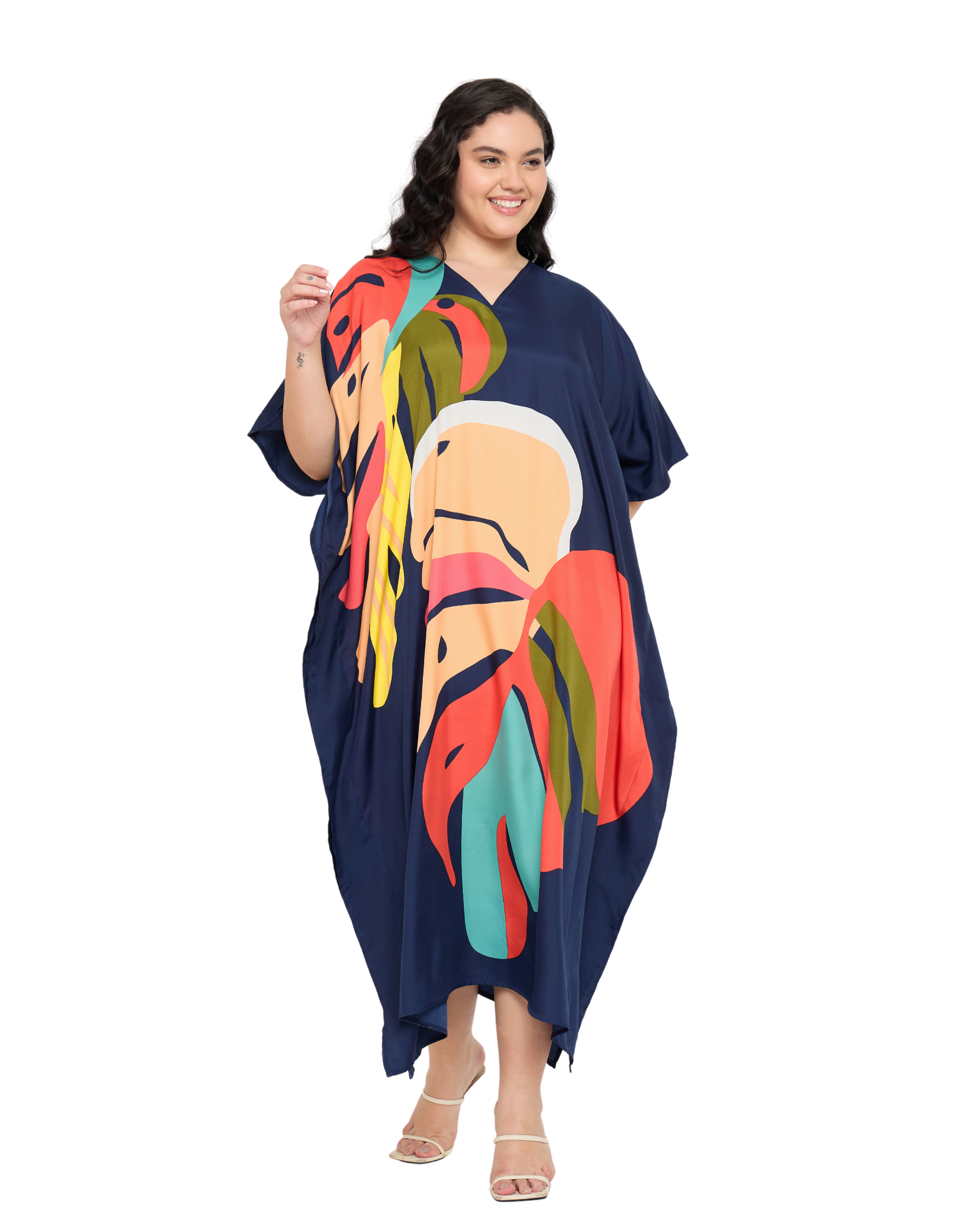 Navy Blue Tropical Leaf Women Plus Size Kaftan Dress Cover Up