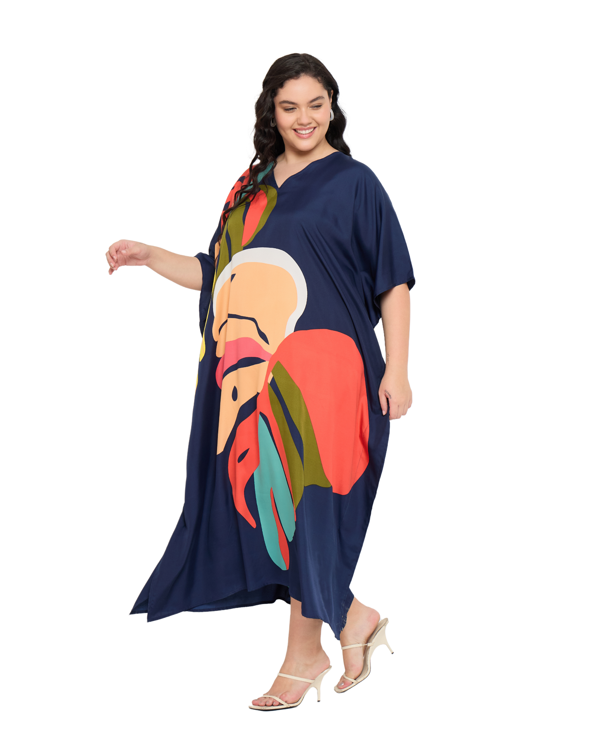 Navy Blue Tropical Leaf Women Plus Size Kaftan Dress Cover Up