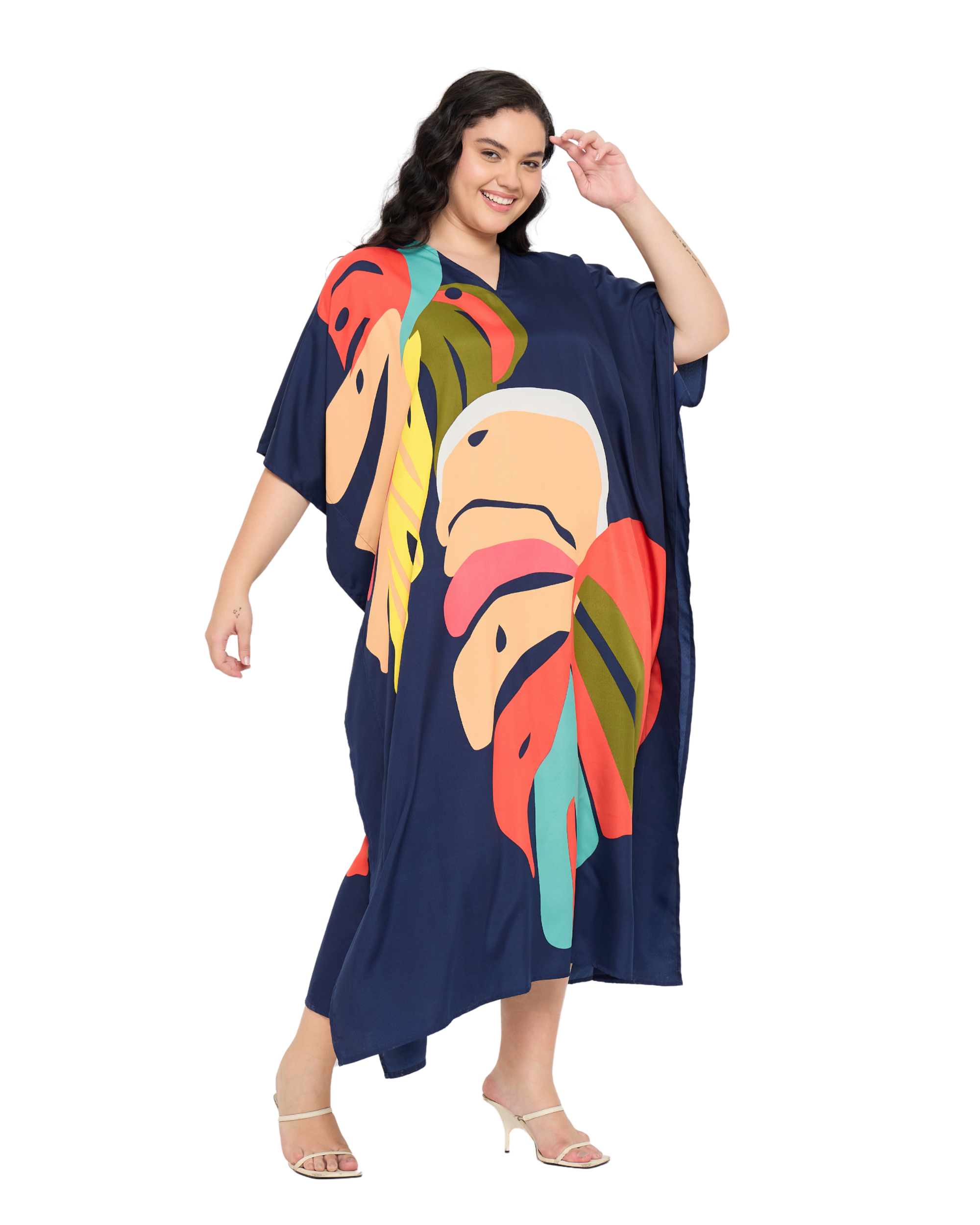 Navy Blue Tropical Leaf Women Plus Size Kaftan Dress Cover Up