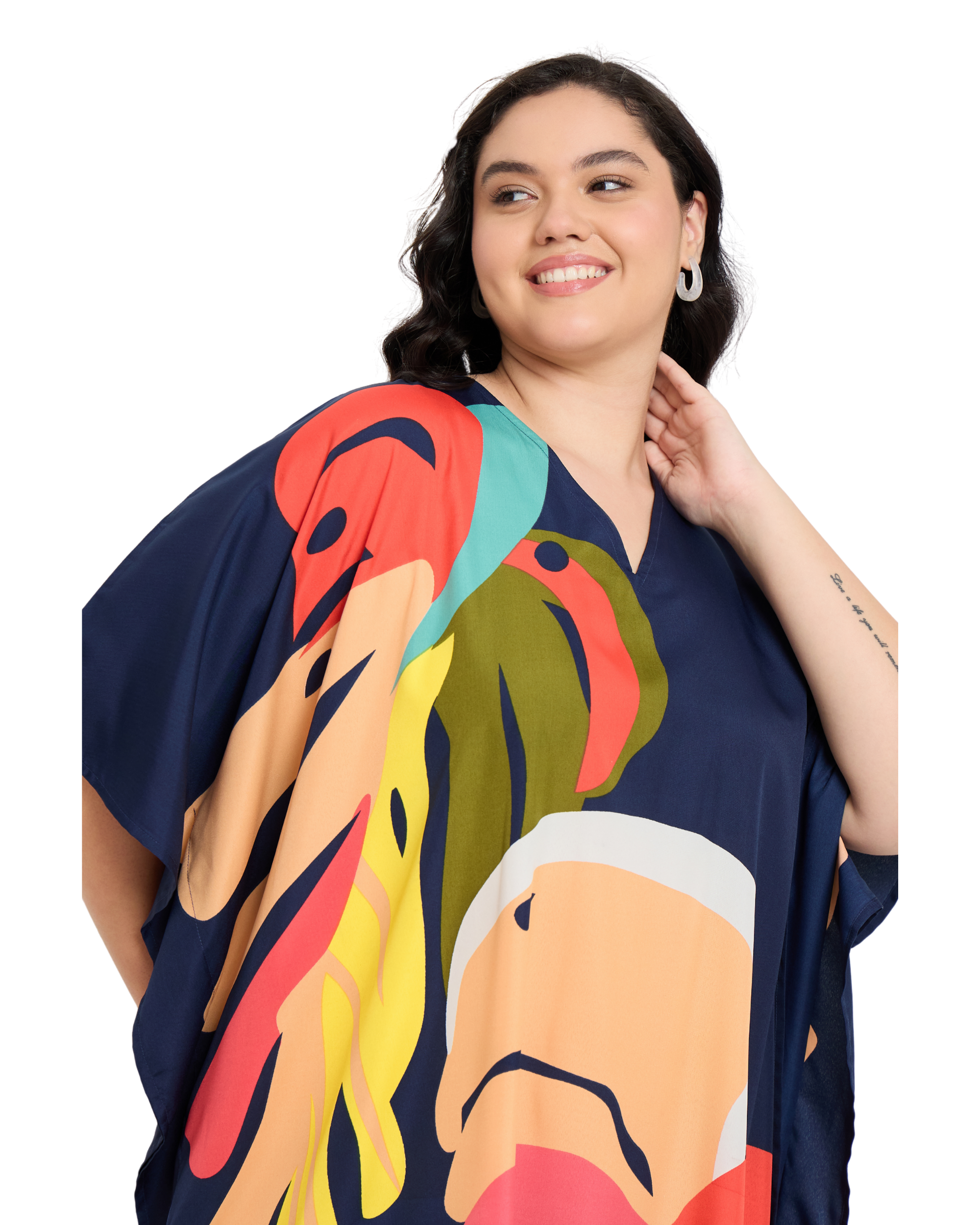 Navy Blue Tropical Leaf Women Plus Size Kaftan Dress Cover Up