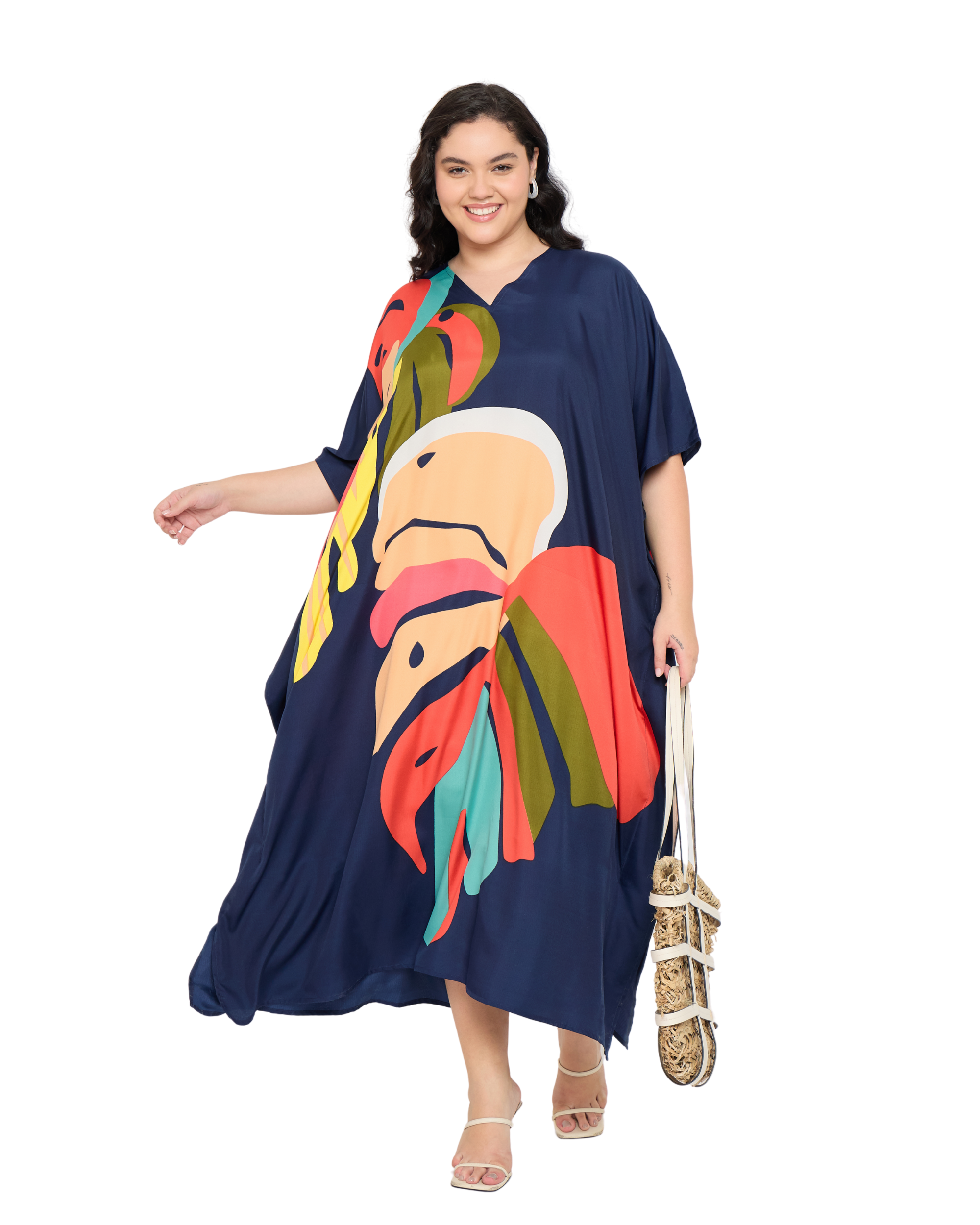 Navy Blue Tropical Leaf Women Plus Size Kaftan Dress Cover Up