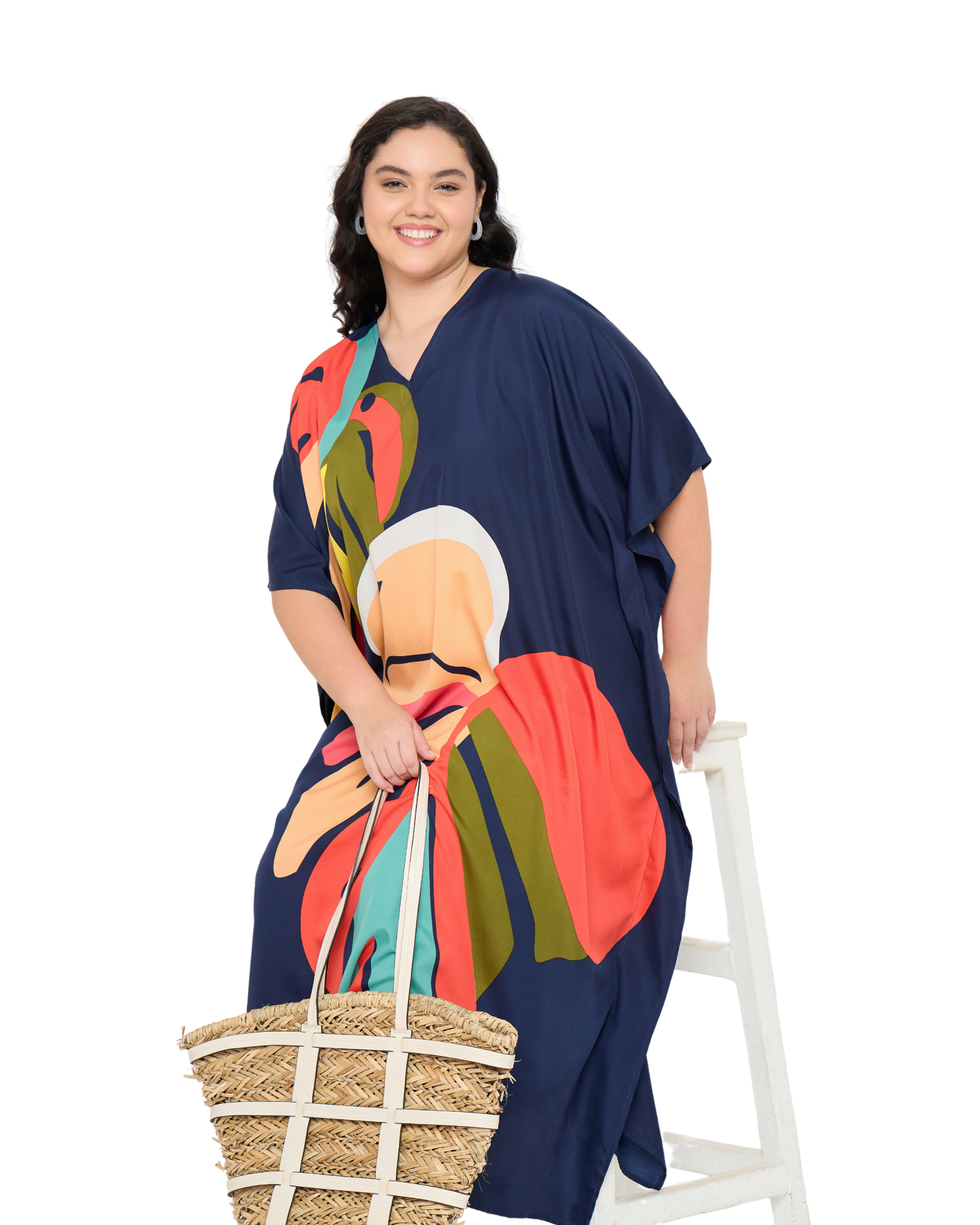 Navy Blue Tropical Leaf Women Plus Size Kaftan Dress Cover Up