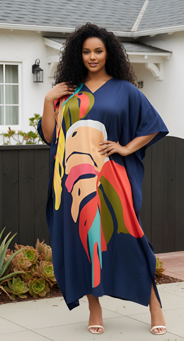 Navy Blue Tropical Leaf Women Plus Size Kaftan Dress Cover Up