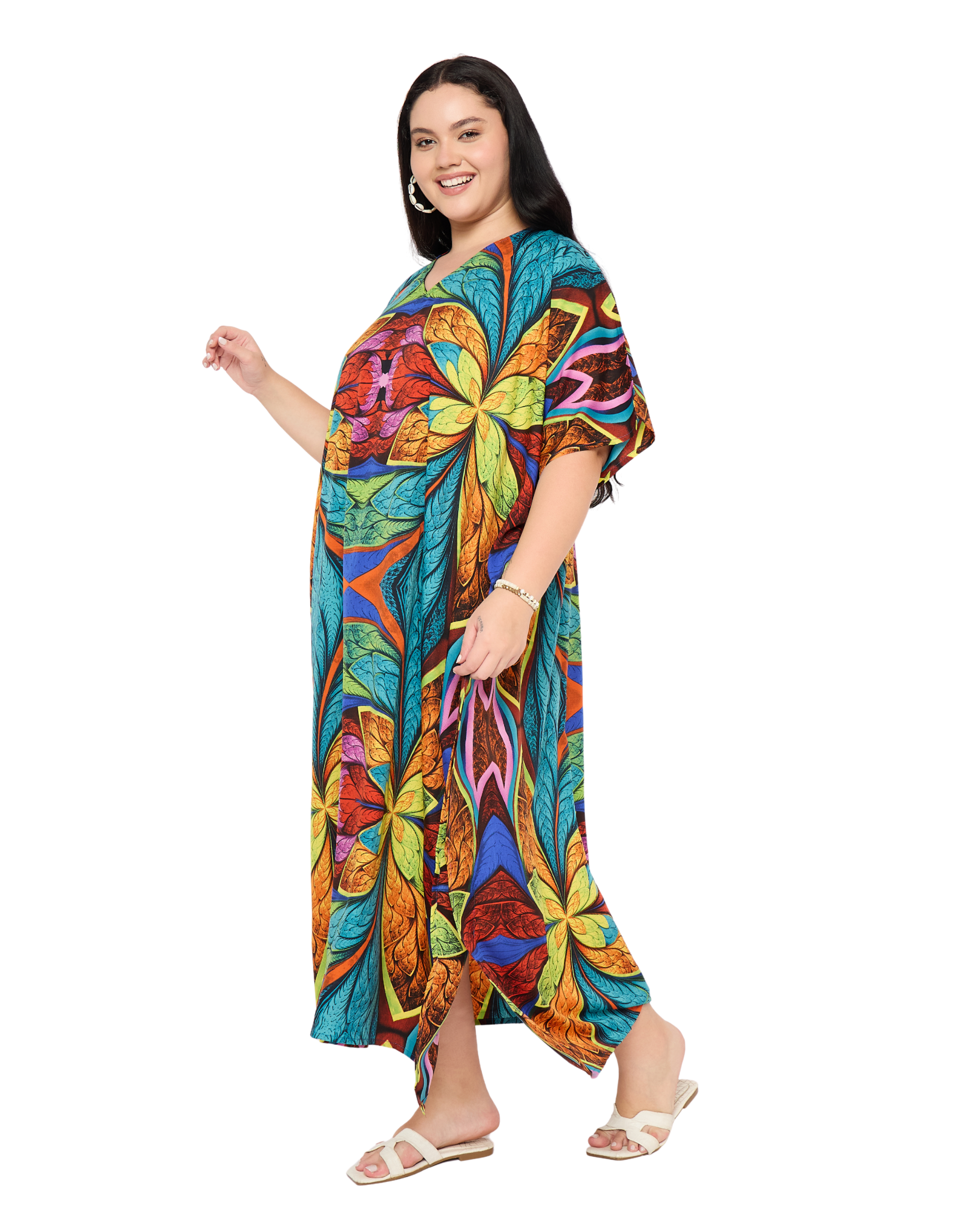 Blue Floral Polyester Plus Size Kaftan Beach Coverup for Women