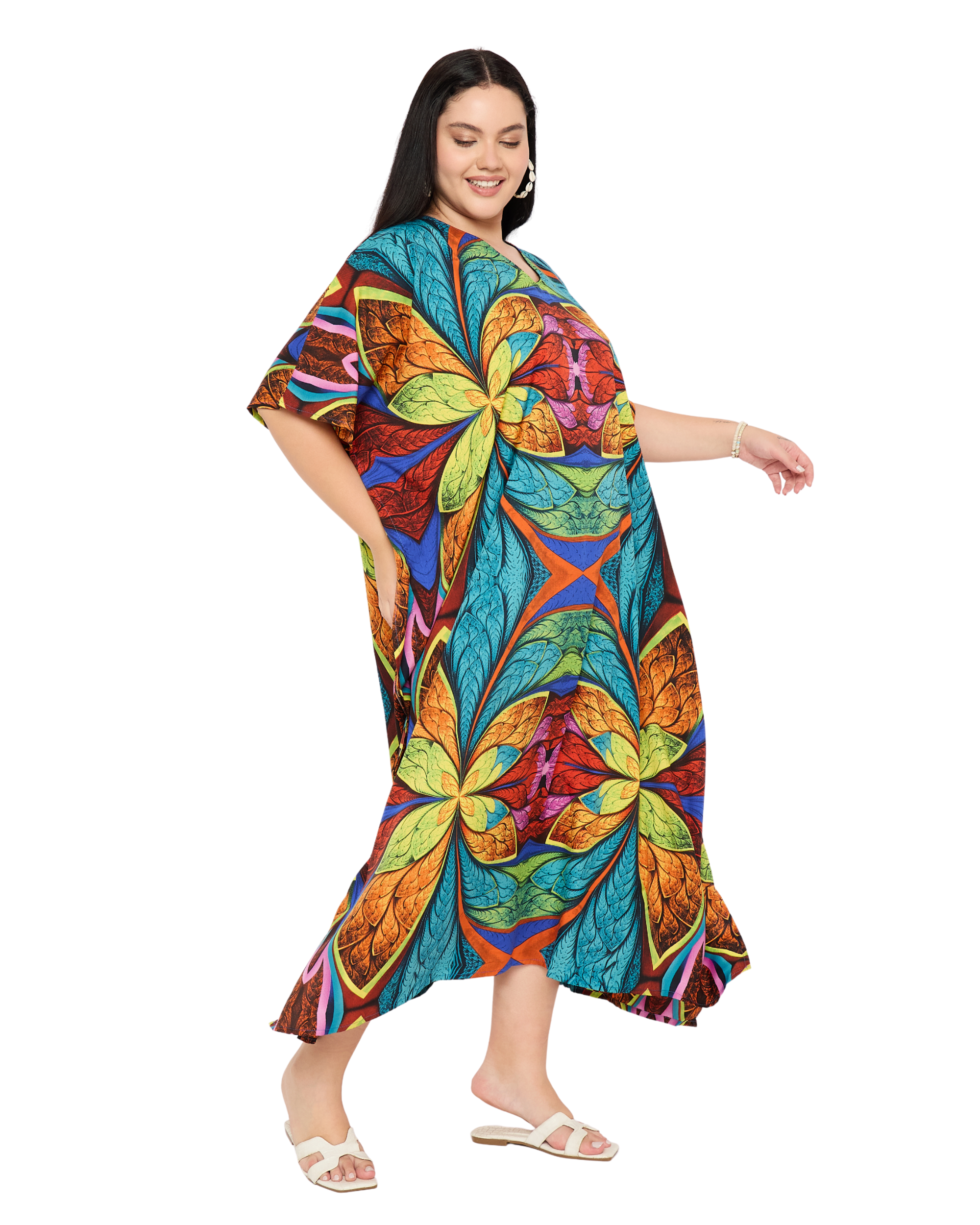 Blue Floral Polyester Plus Size Kaftan Beach Coverup for Women