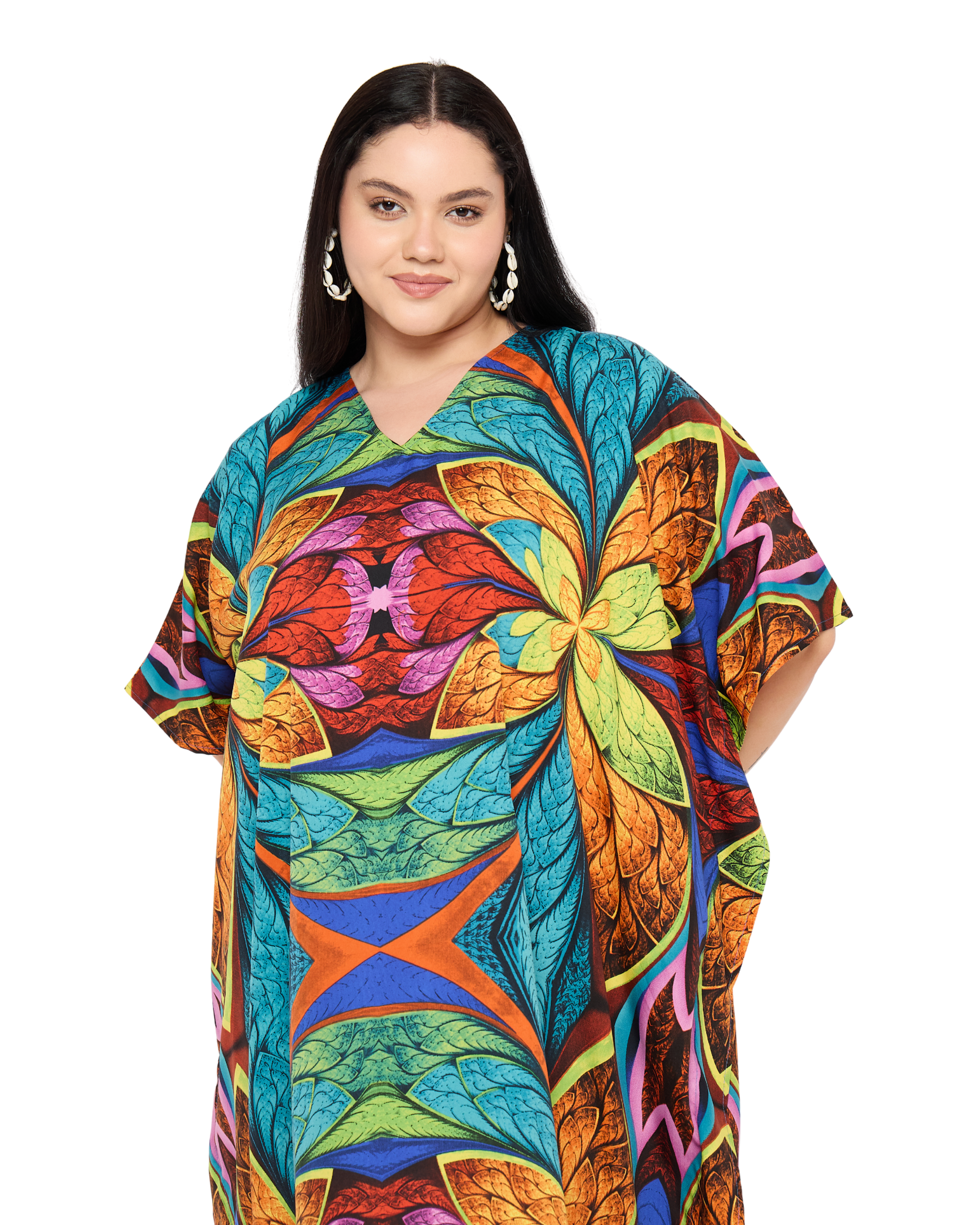 Blue Floral Polyester Plus Size Kaftan Beach Coverup for Women