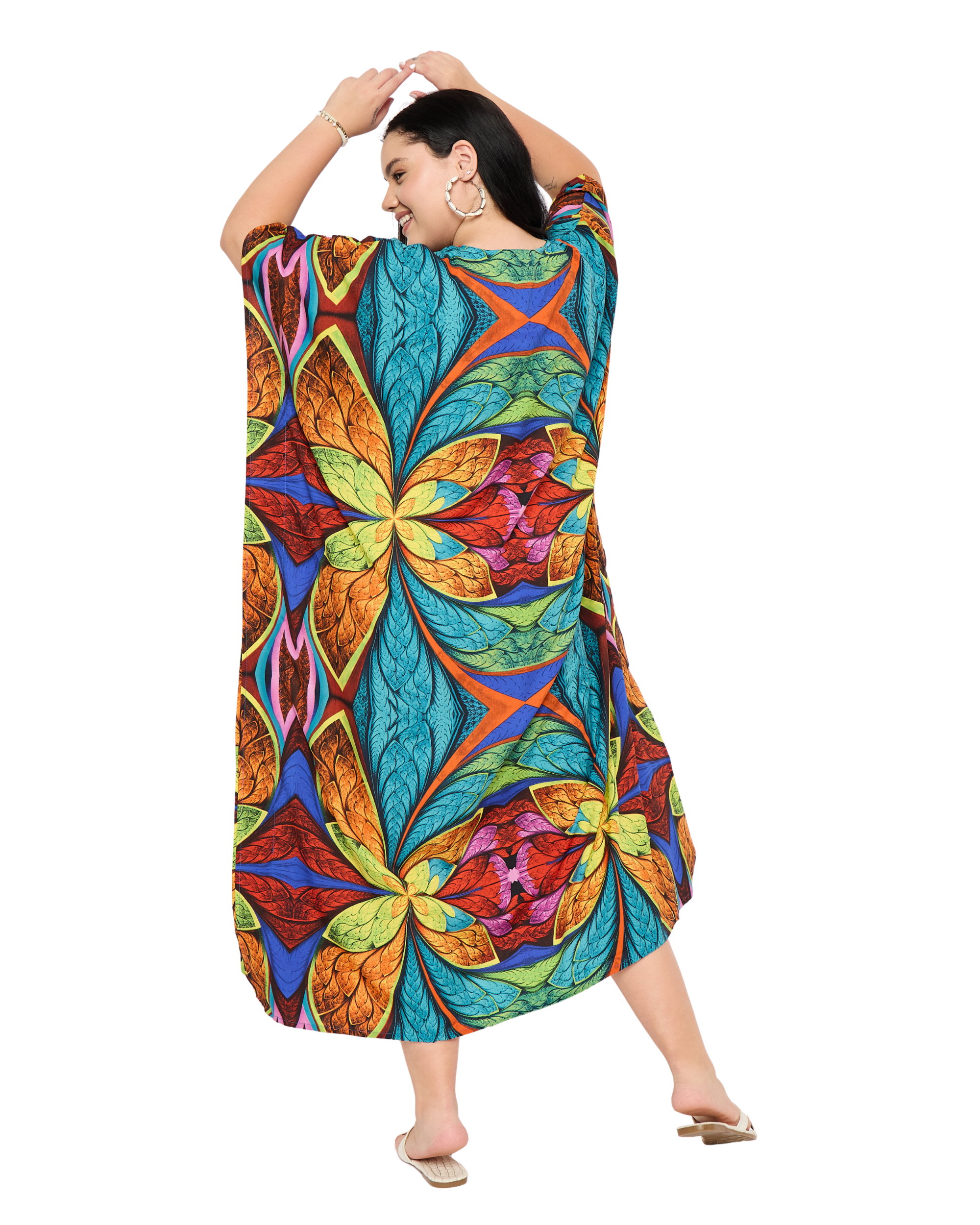Blue Floral Polyester Plus Size Kaftan Beach Coverup for Women