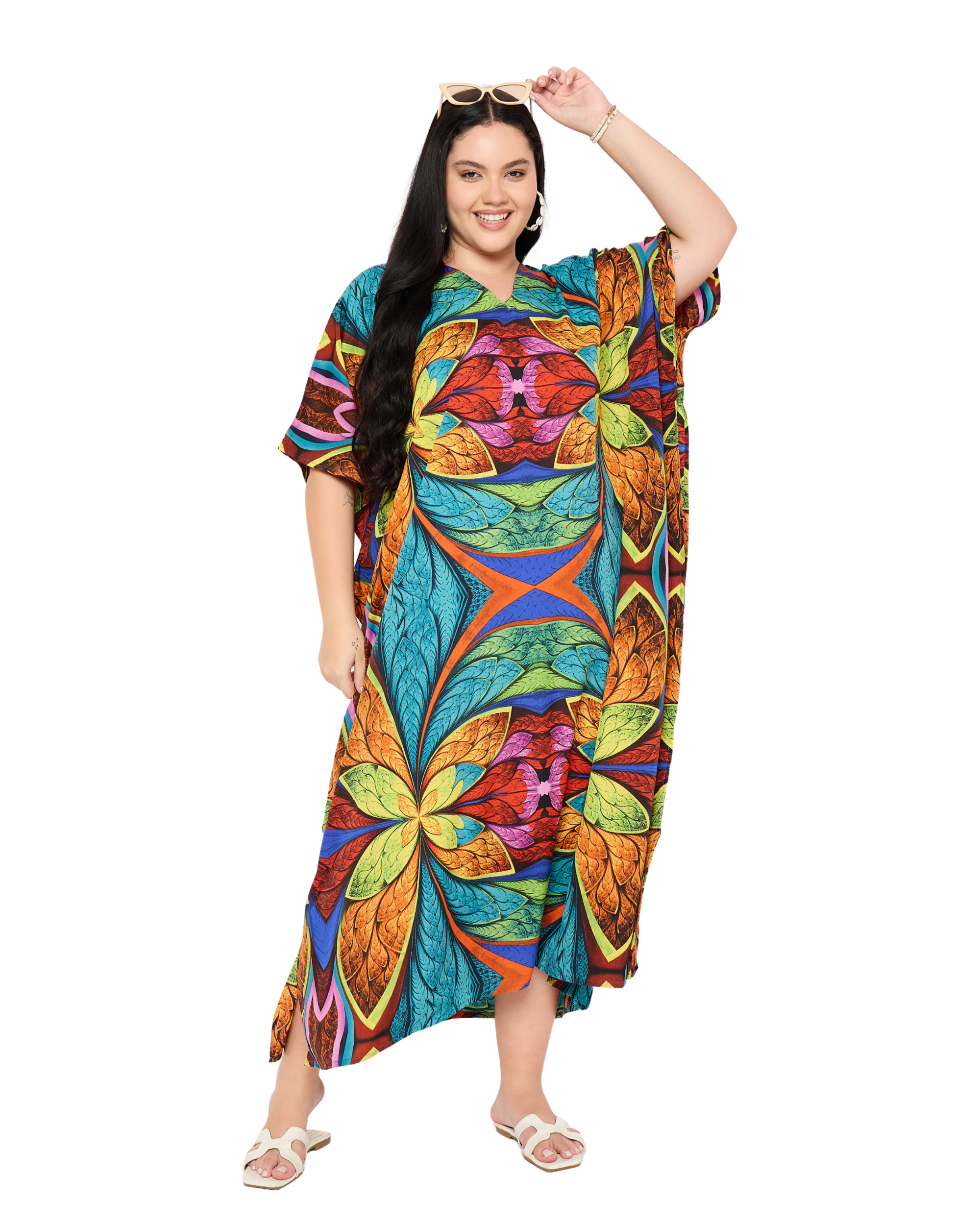Blue Floral Polyester Plus Size Kaftan Beach Coverup for Women