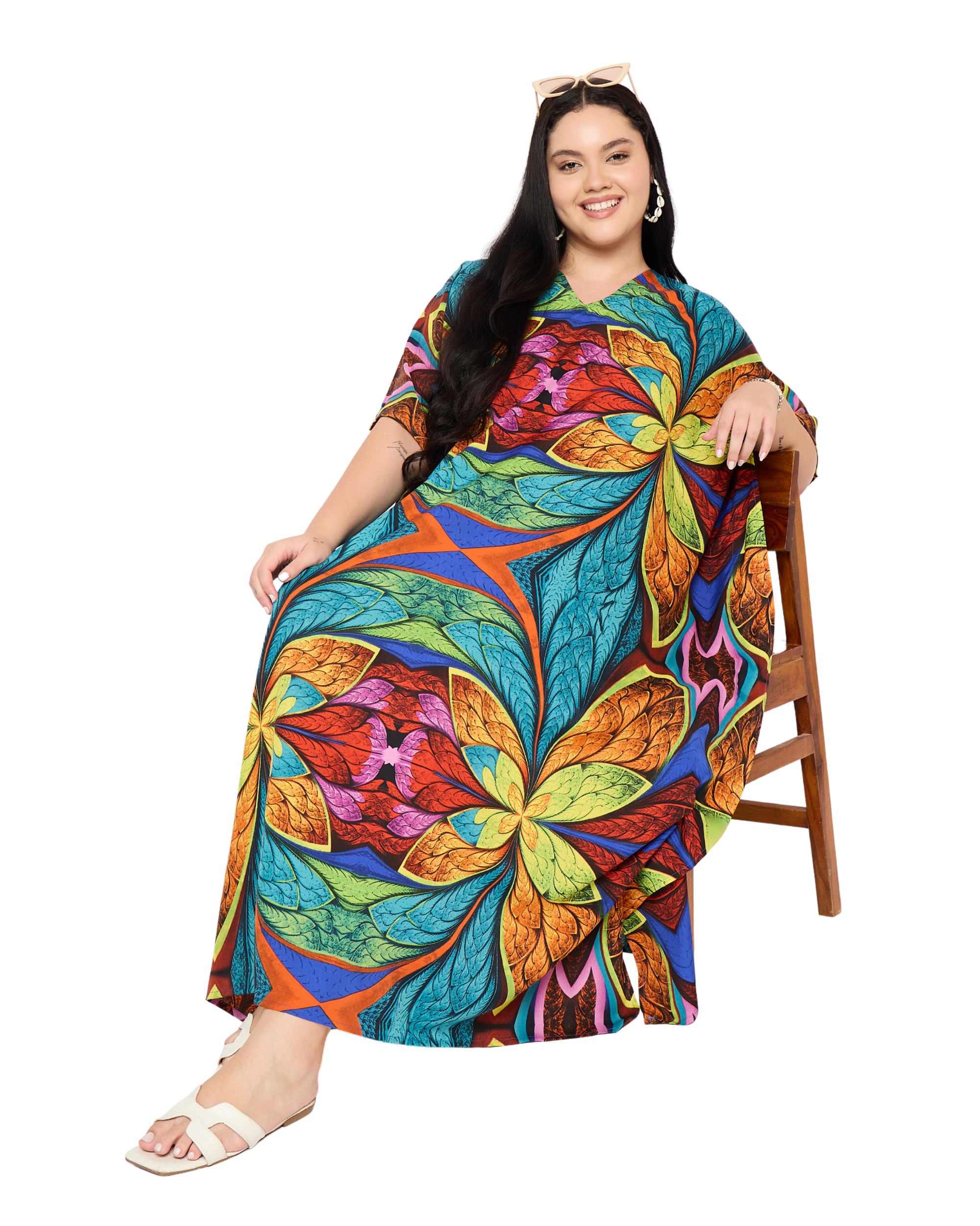 Blue Floral Polyester Plus Size Kaftan Beach Coverup for Women