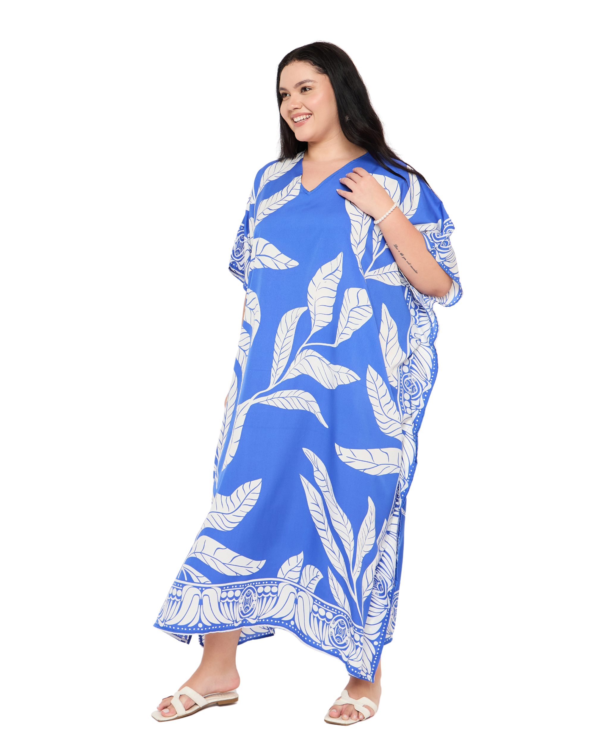 Blue Leaf Print Plus Size Kaftan Dress for Women Swimsuit Cover Up
