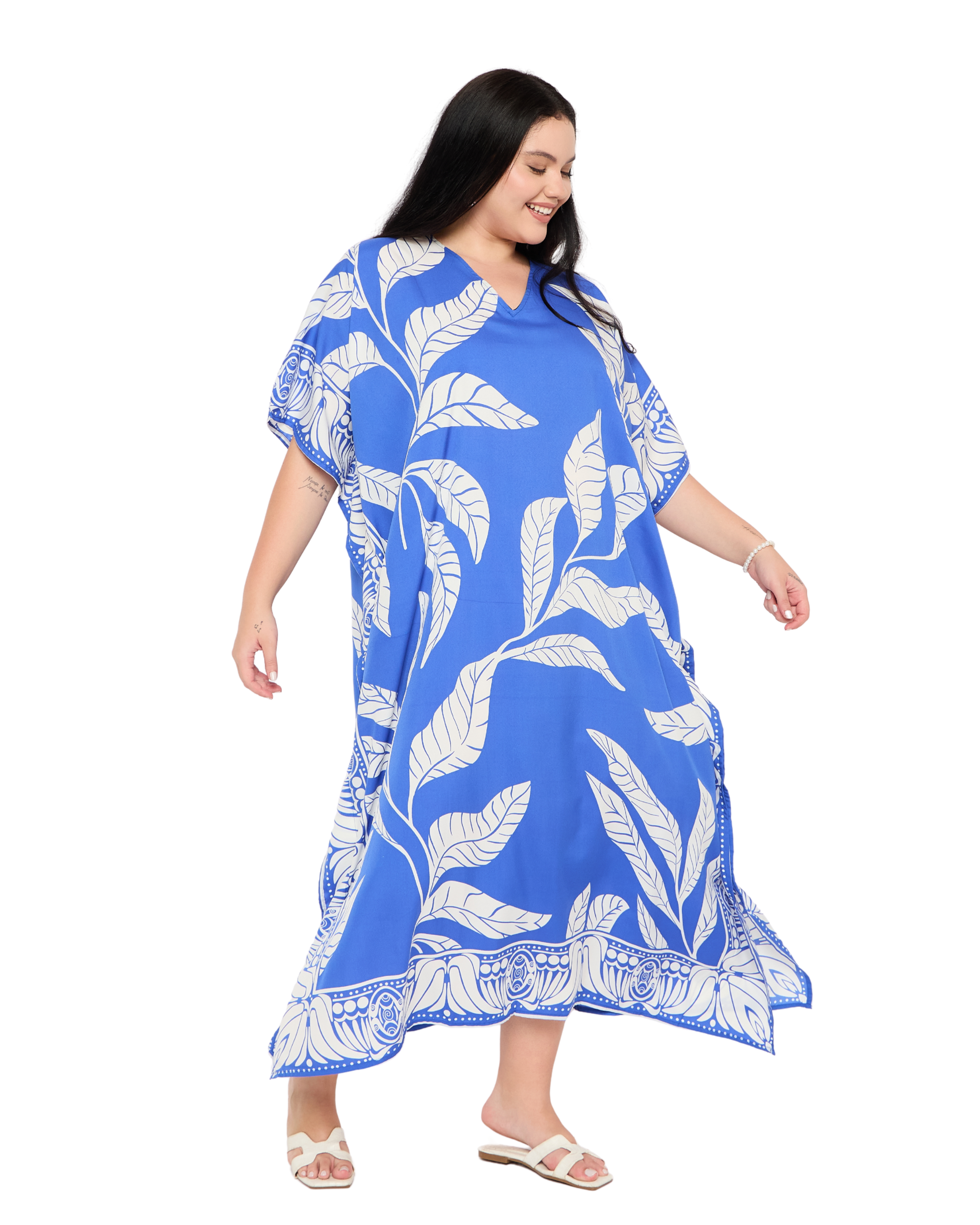 Blue Leaf Print Plus Size Kaftan Dress for Women Swimsuit Cover Up