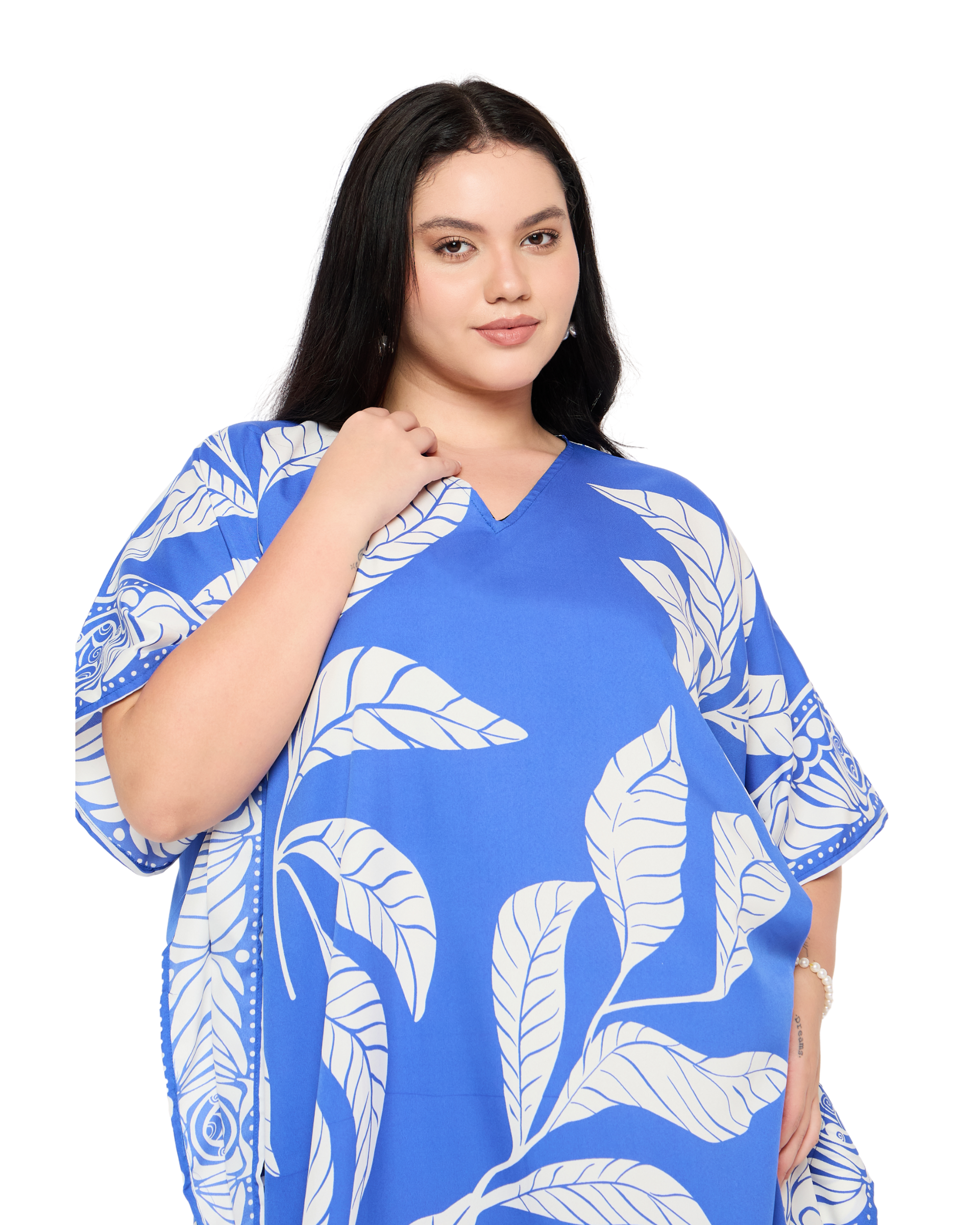 Blue Leaf Print Plus Size Kaftan Dress for Women Swimsuit Cover Up