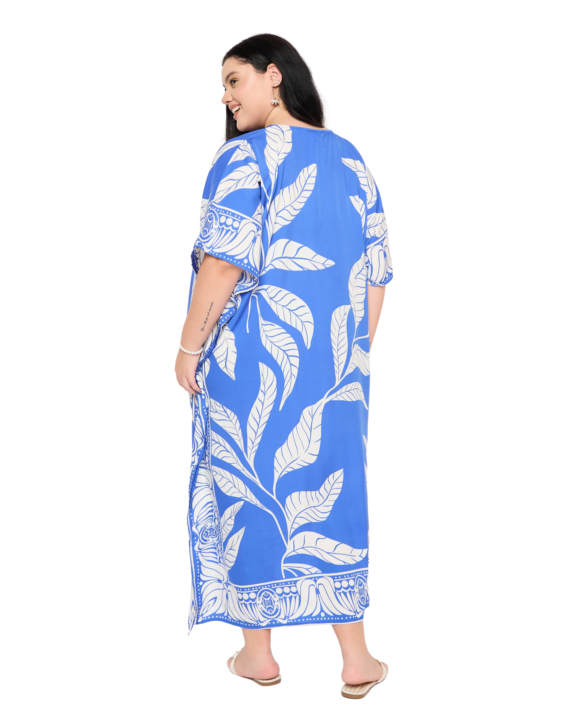 Blue Leaf Print Plus Size Kaftan Dress for Women Swimsuit Cover Up