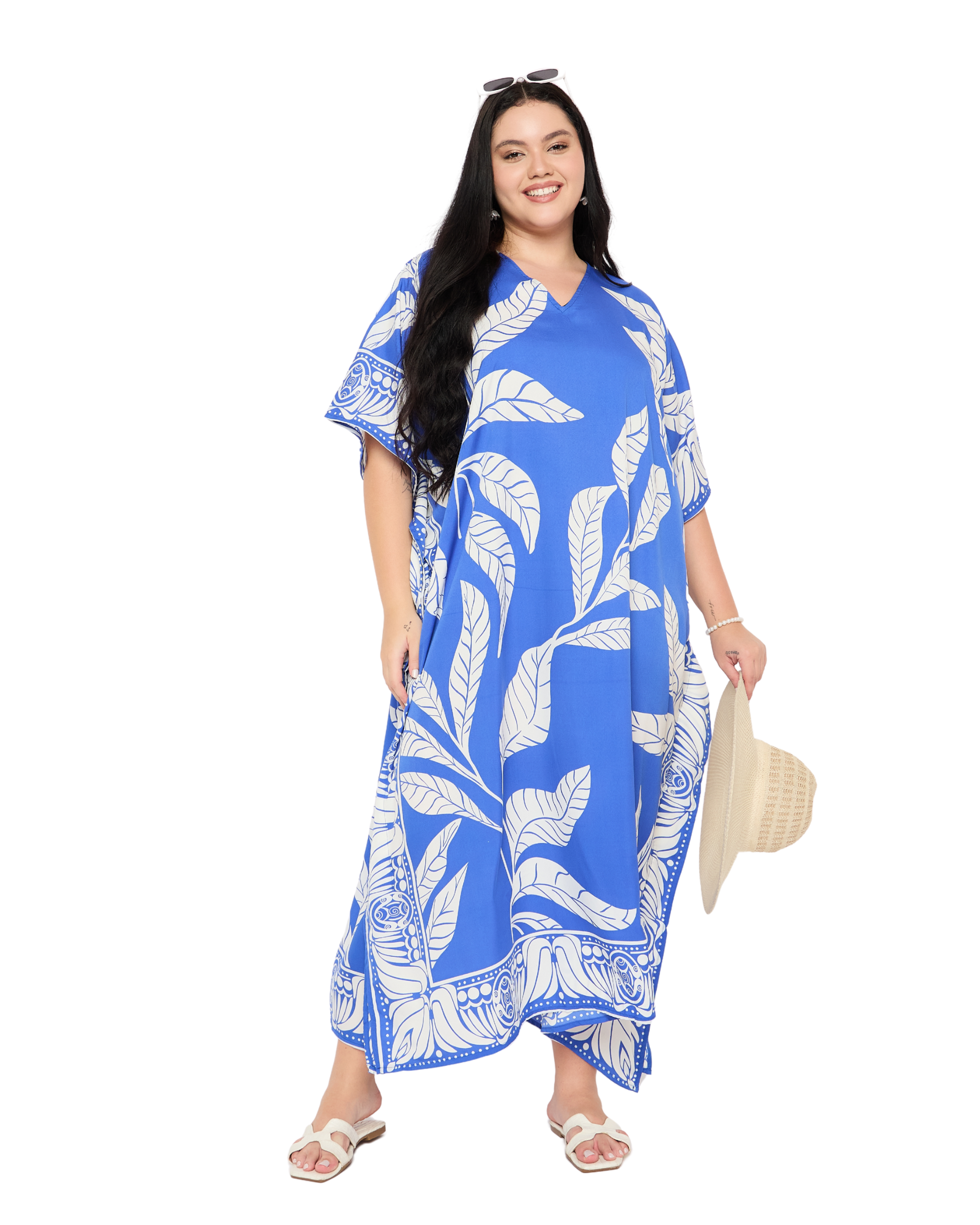 Blue Leaf Print Plus Size Kaftan Dress for Women Swimsuit Cover Up
