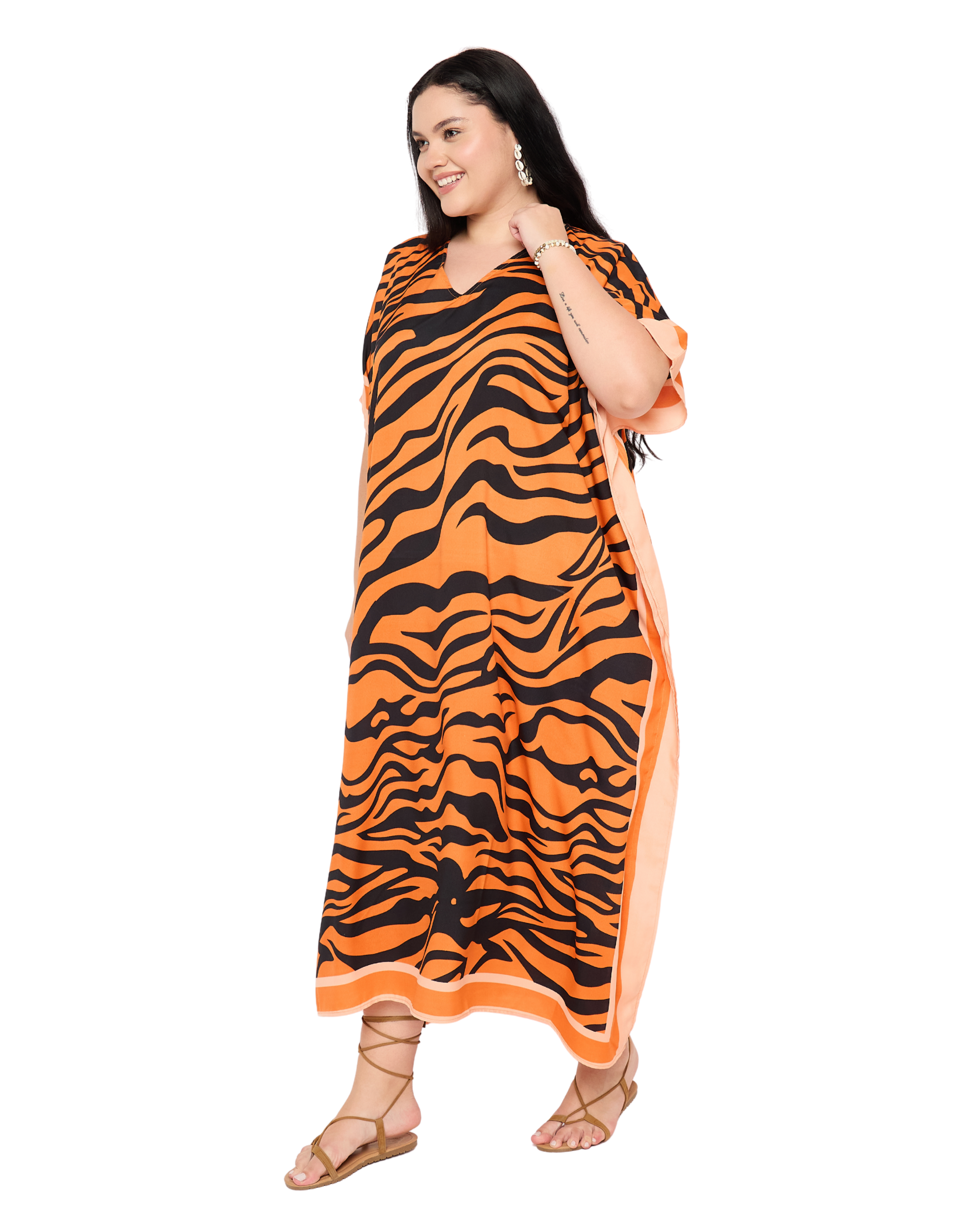 Orange Animal Print Caftan for Women Plus Size Lounge Dress