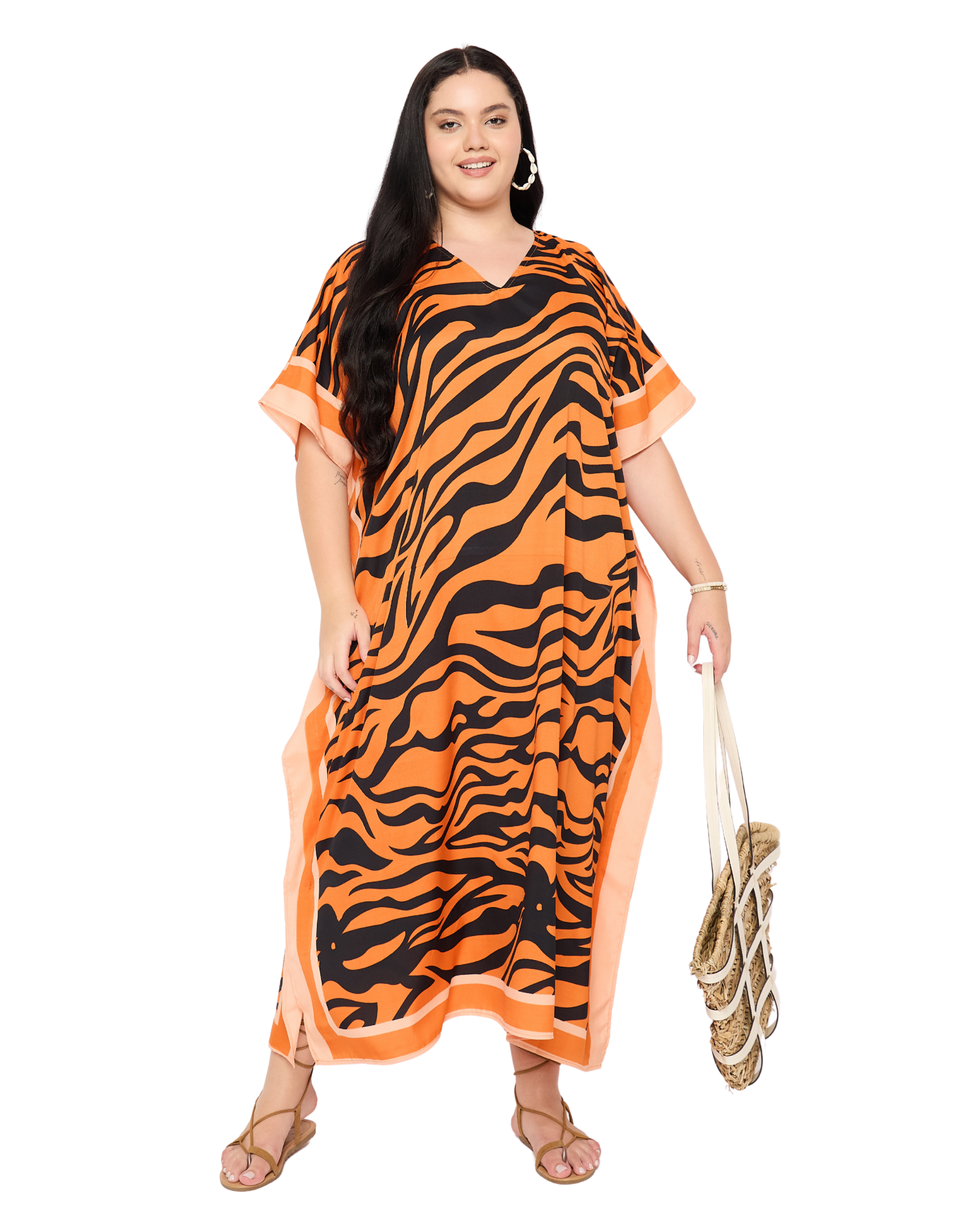 Orange Animal Print Caftan for Women Plus Size Lounge Dress