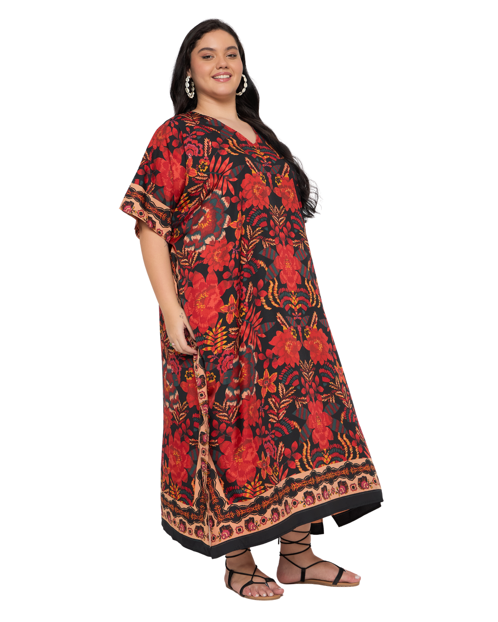Red Floral Polyester Women Plus Size Kaftan Dress