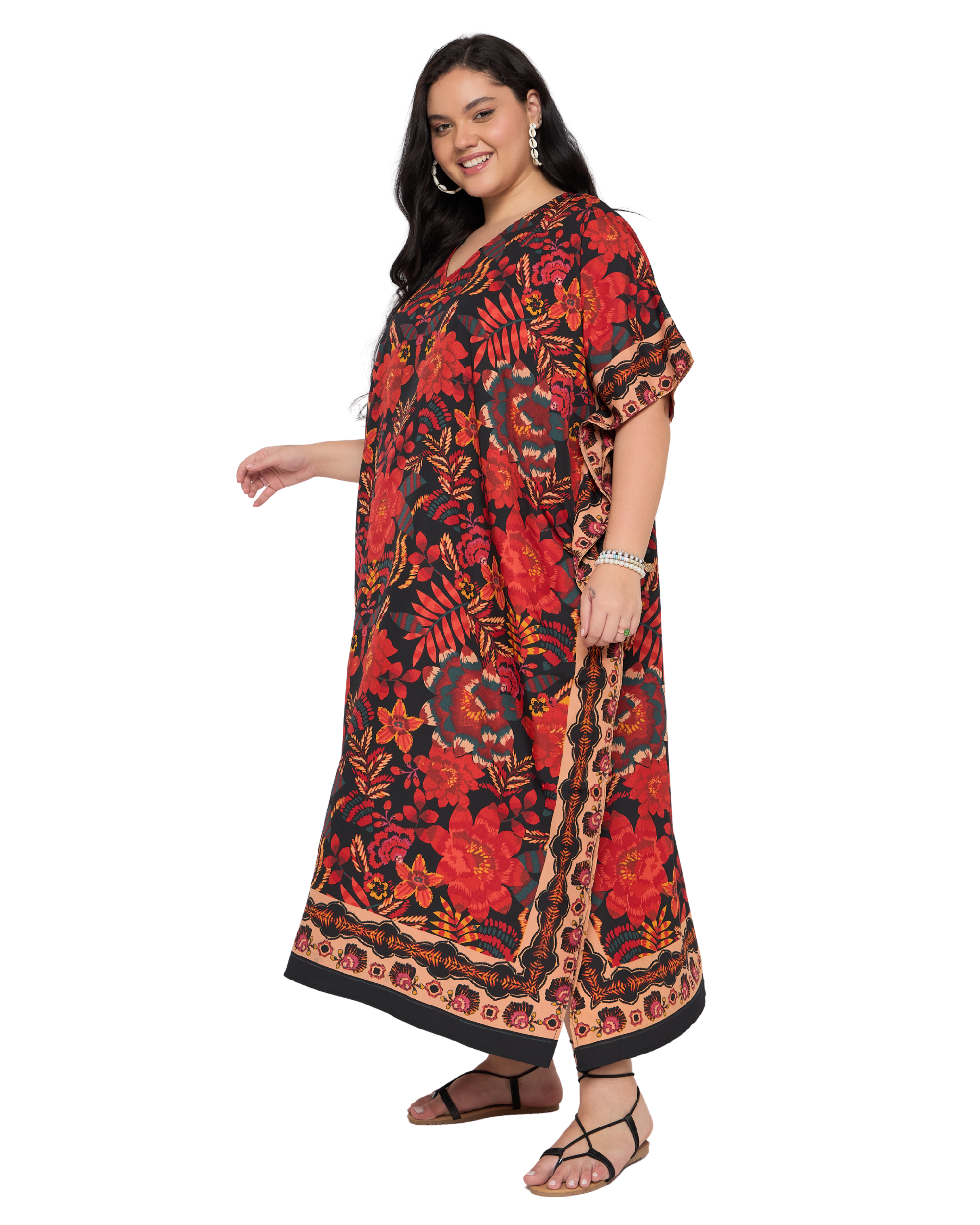 Red Floral Polyester Women Plus Size Kaftan Dress