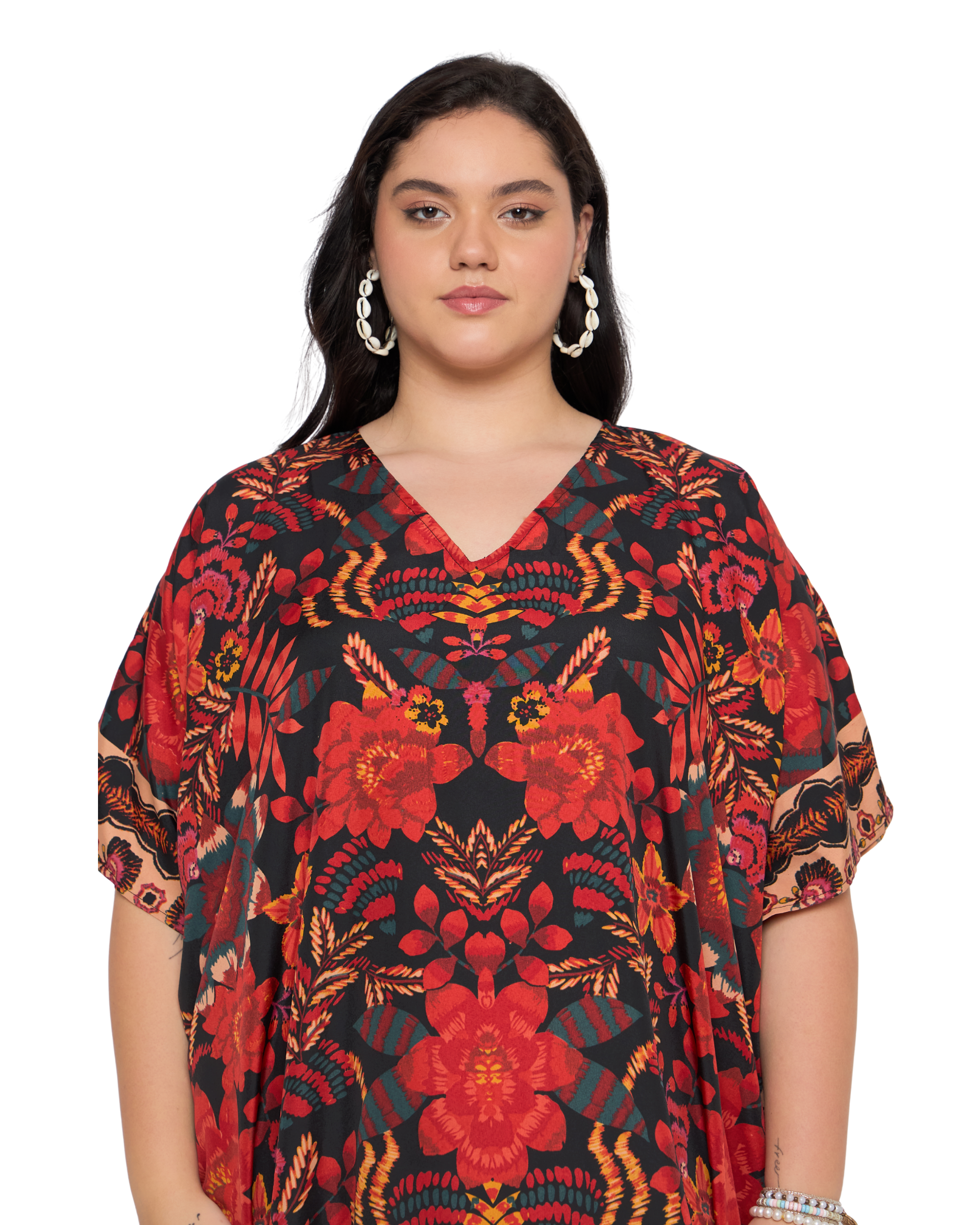 Red Floral Polyester Women Plus Size Kaftan Dress