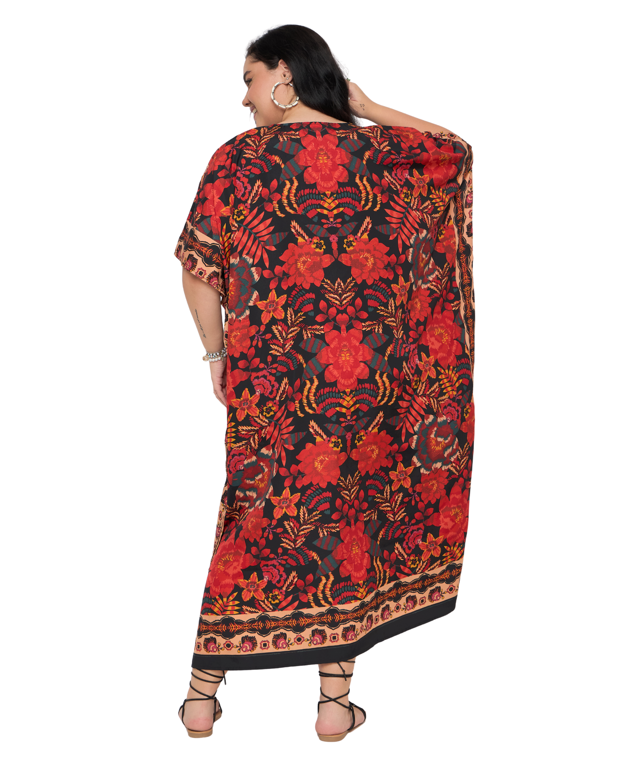 Red Floral Polyester Women Plus Size Kaftan Dress