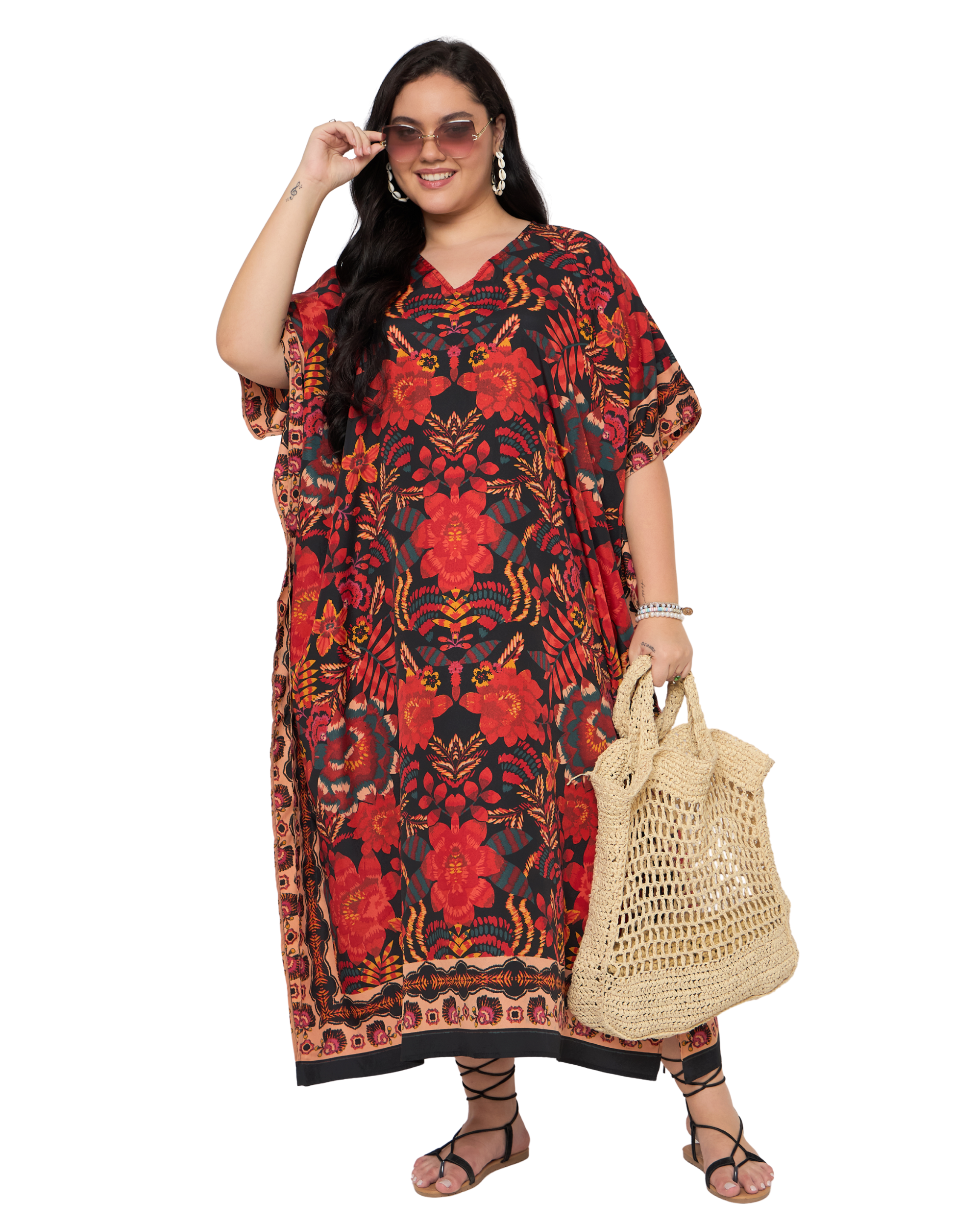 Red Floral Polyester Women Plus Size Kaftan Dress
