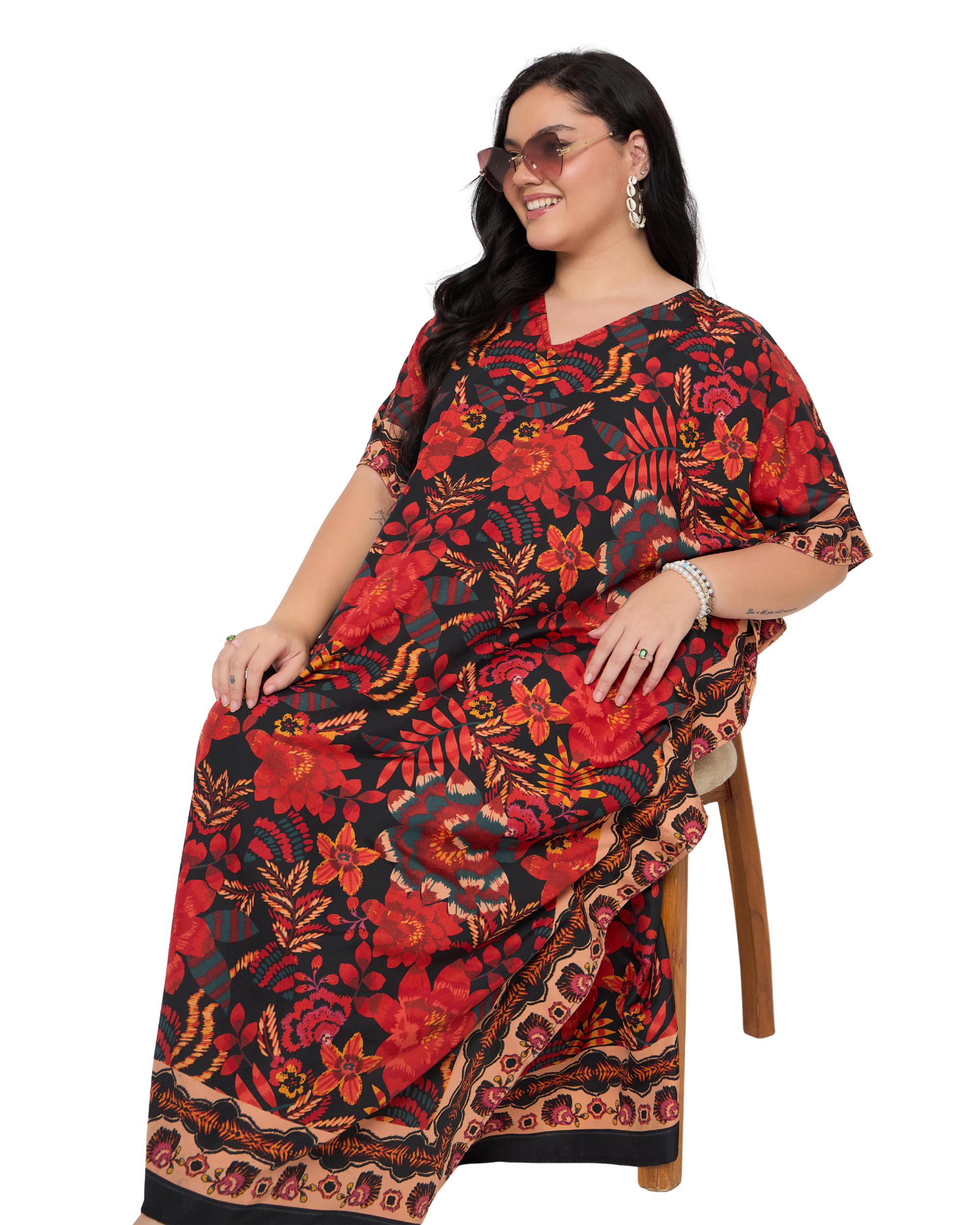 Red Floral Polyester Women Plus Size Kaftan Dress
