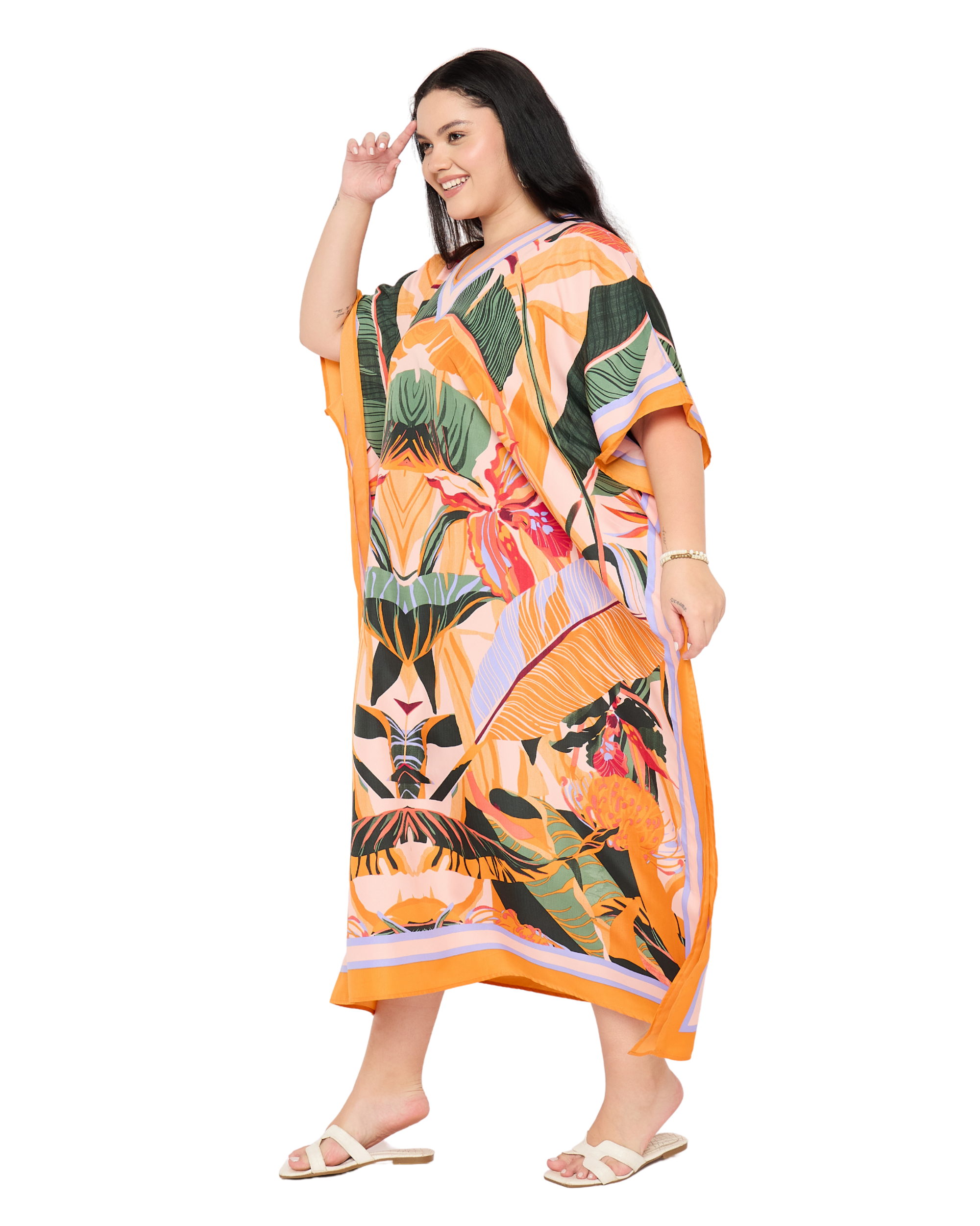 Peach Tropical Polyester Plus Size Beach Kaftan For Women