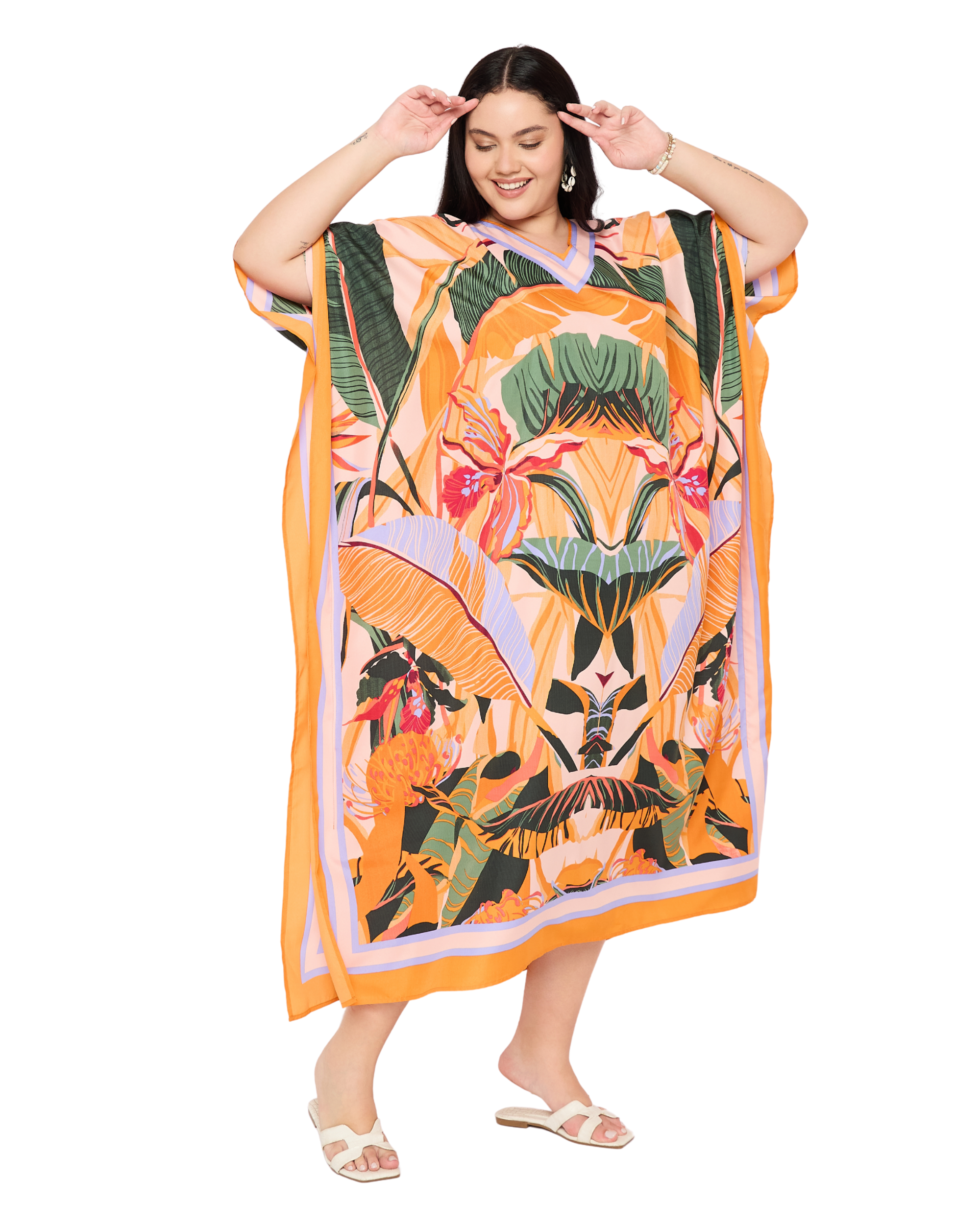 Peach Tropical Polyester Plus Size Beach Kaftan For Women
