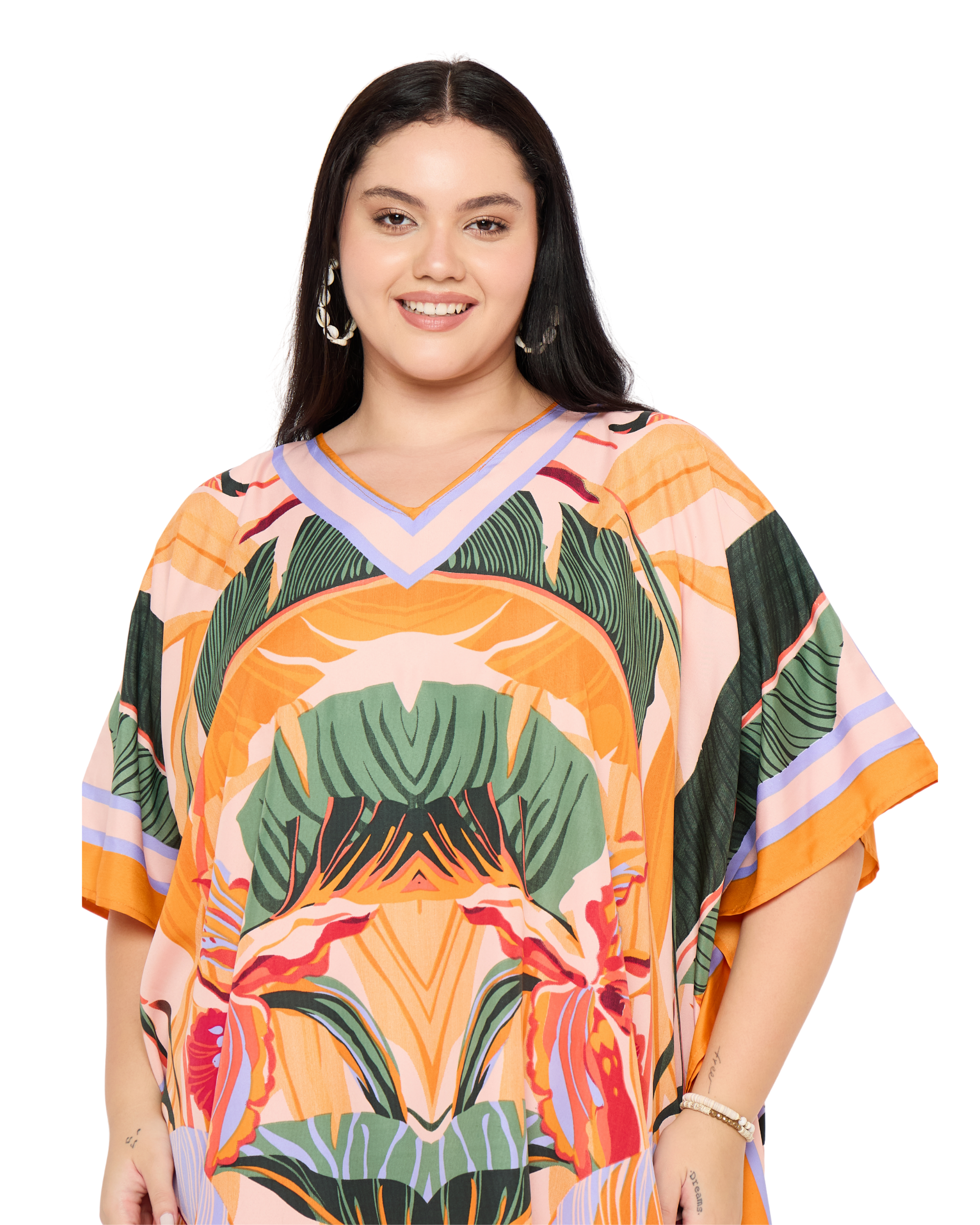 Peach Tropical Polyester Plus Size Beach Kaftan For Women