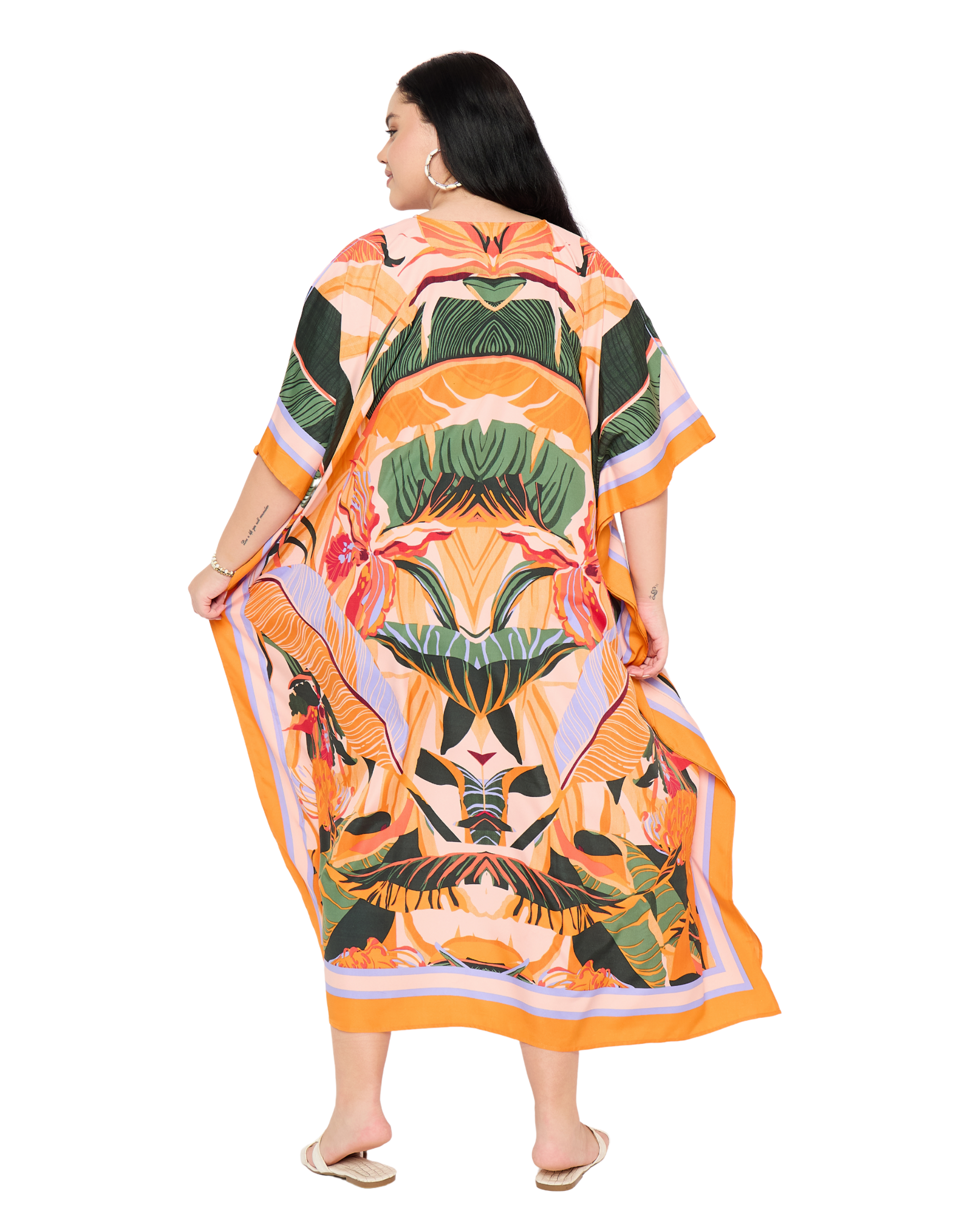 Peach Tropical Polyester Plus Size Beach Kaftan For Women