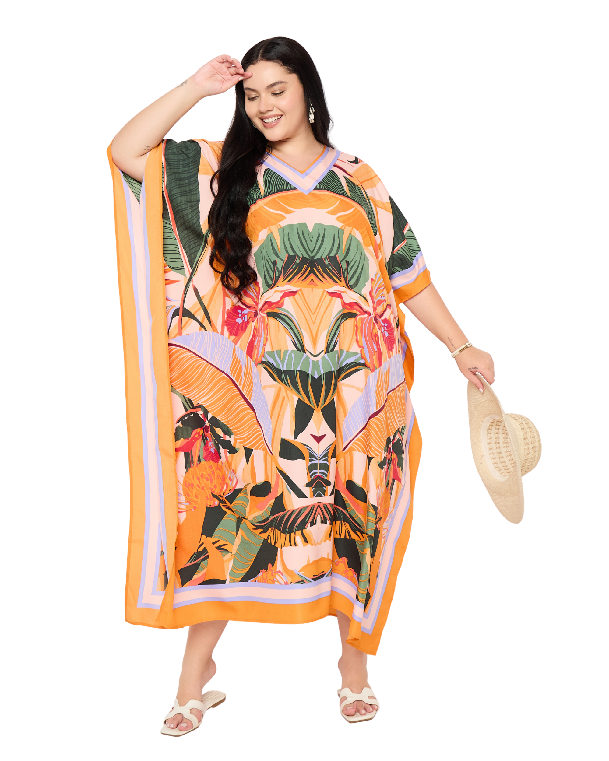 Peach Tropical Polyester Plus Size Beach Kaftan For Women