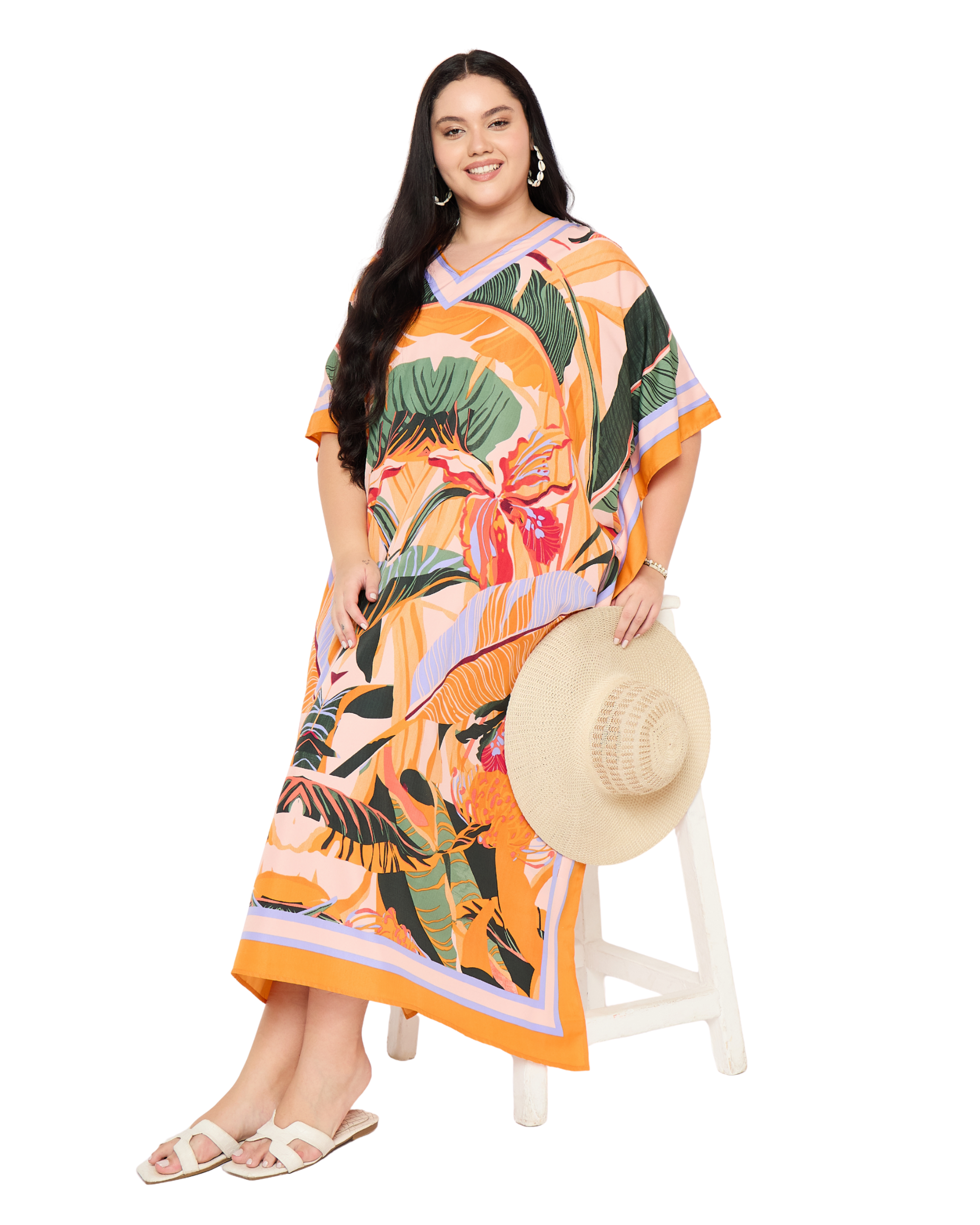 Peach Tropical Polyester Plus Size Beach Kaftan For Women