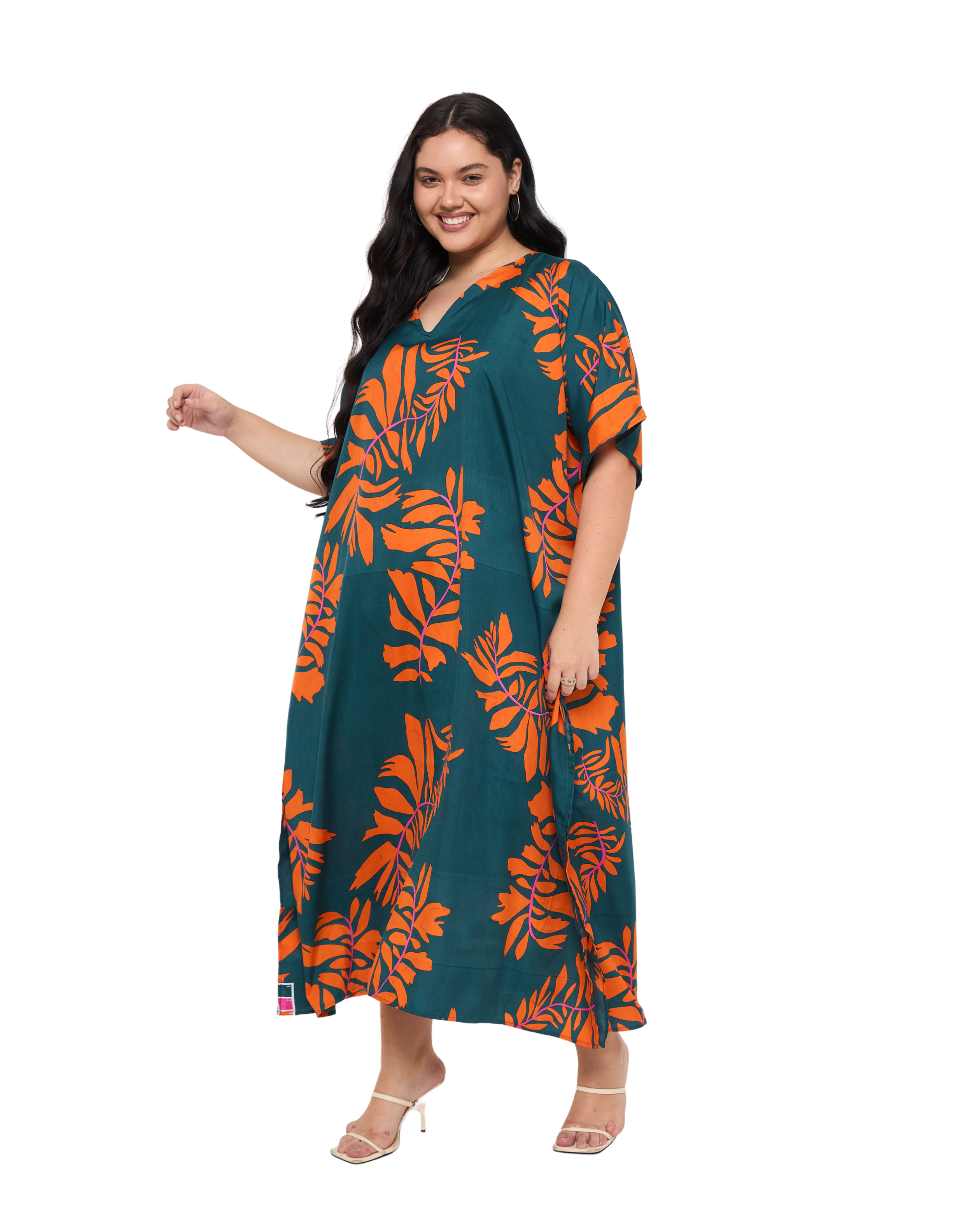 Tropical Leaf Teal Green Polyester Women Plus Size Kaftan Dress for Resort