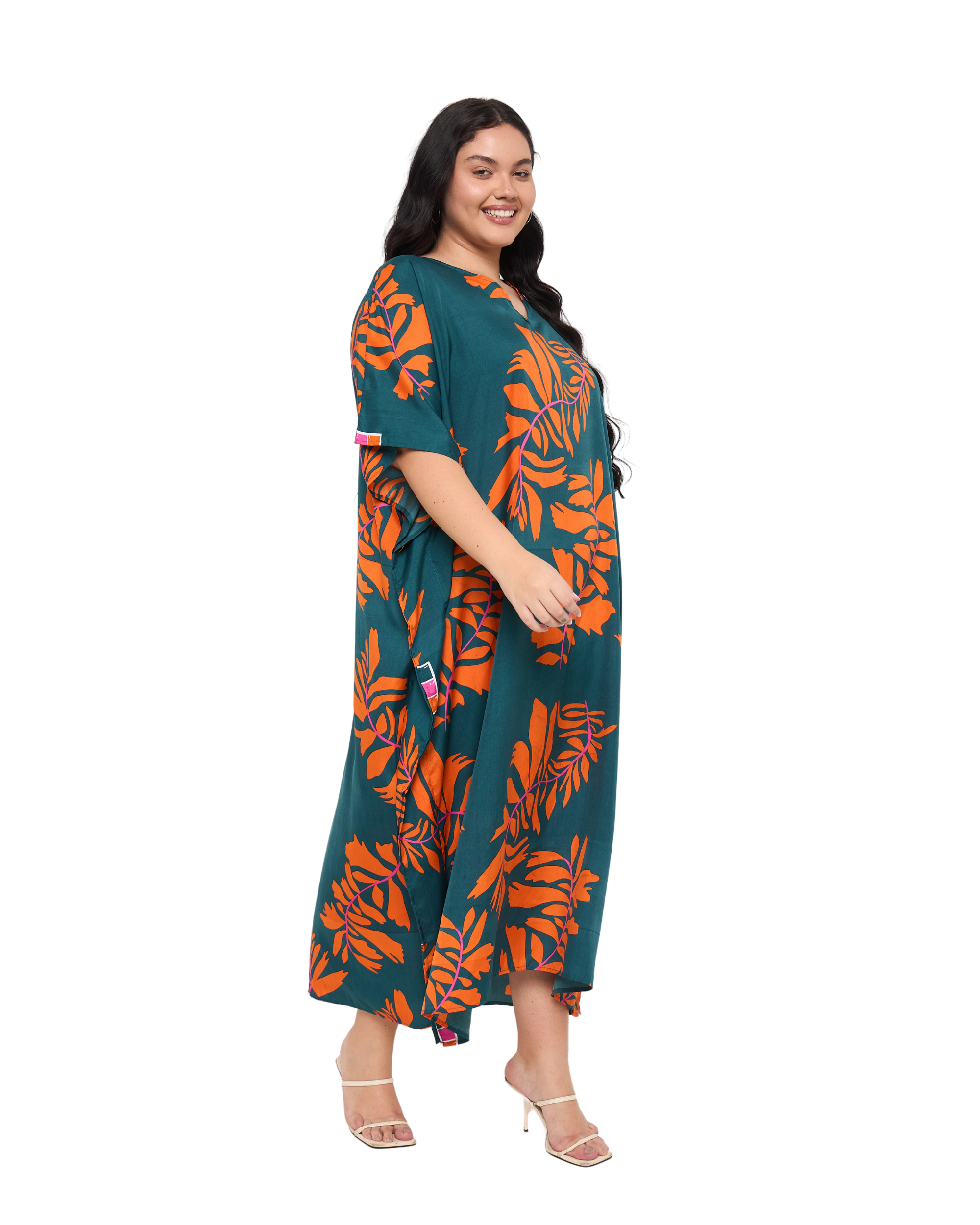 Tropical Leaf Teal Green Polyester Women Plus Size Kaftan Dress for Resort
