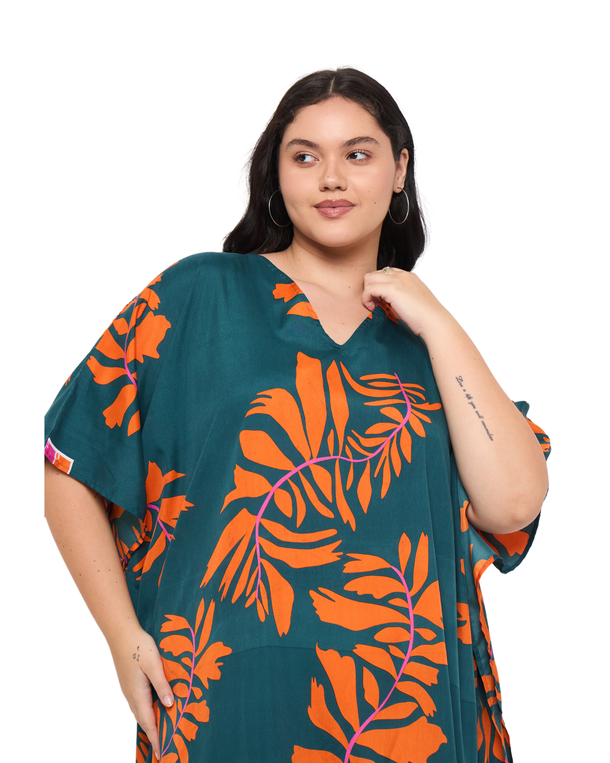 Tropical Leaf Teal Green Polyester Women Plus Size Kaftan Dress for Resort