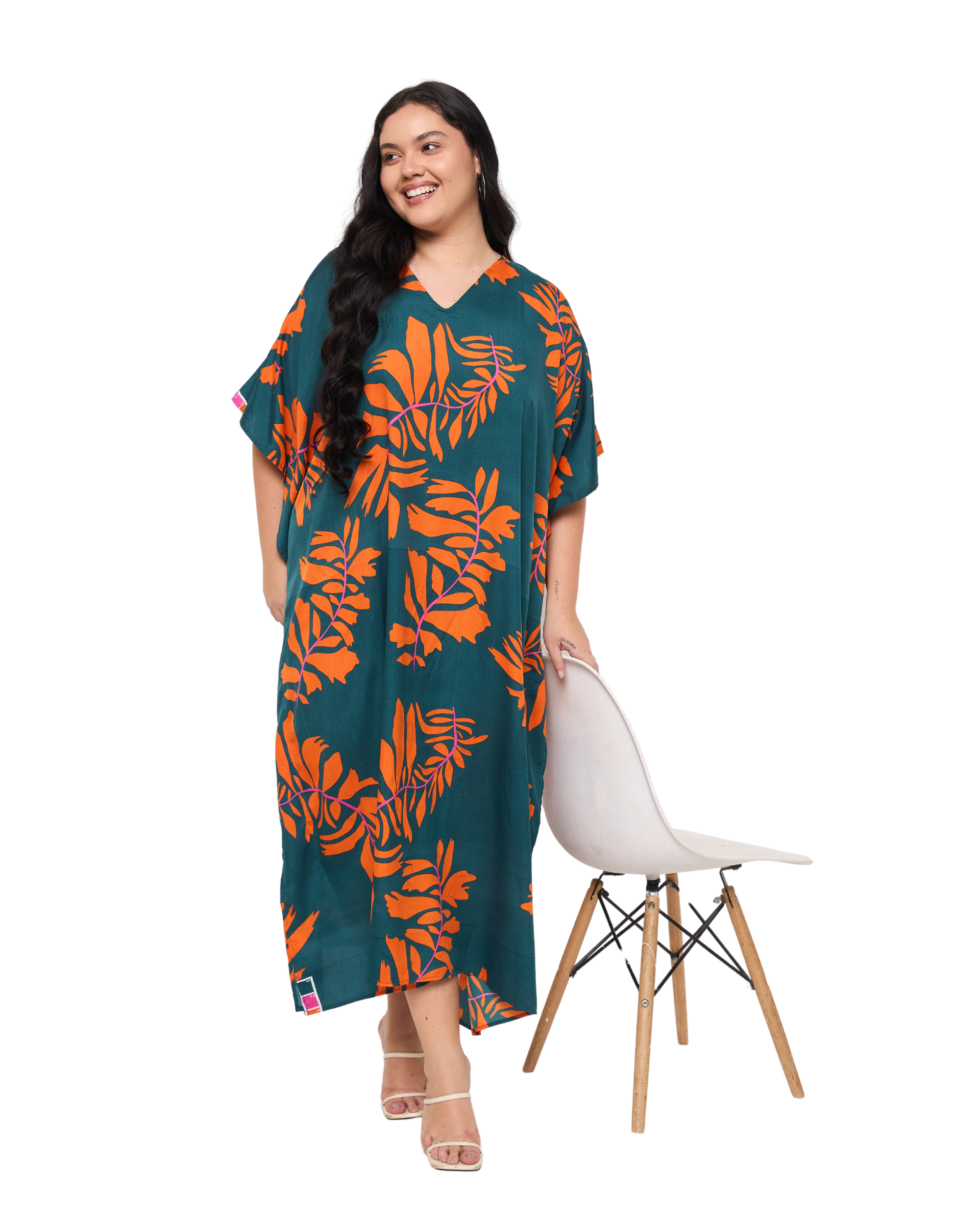 Tropical Leaf Teal Green Polyester Women Plus Size Kaftan Dress for Resort