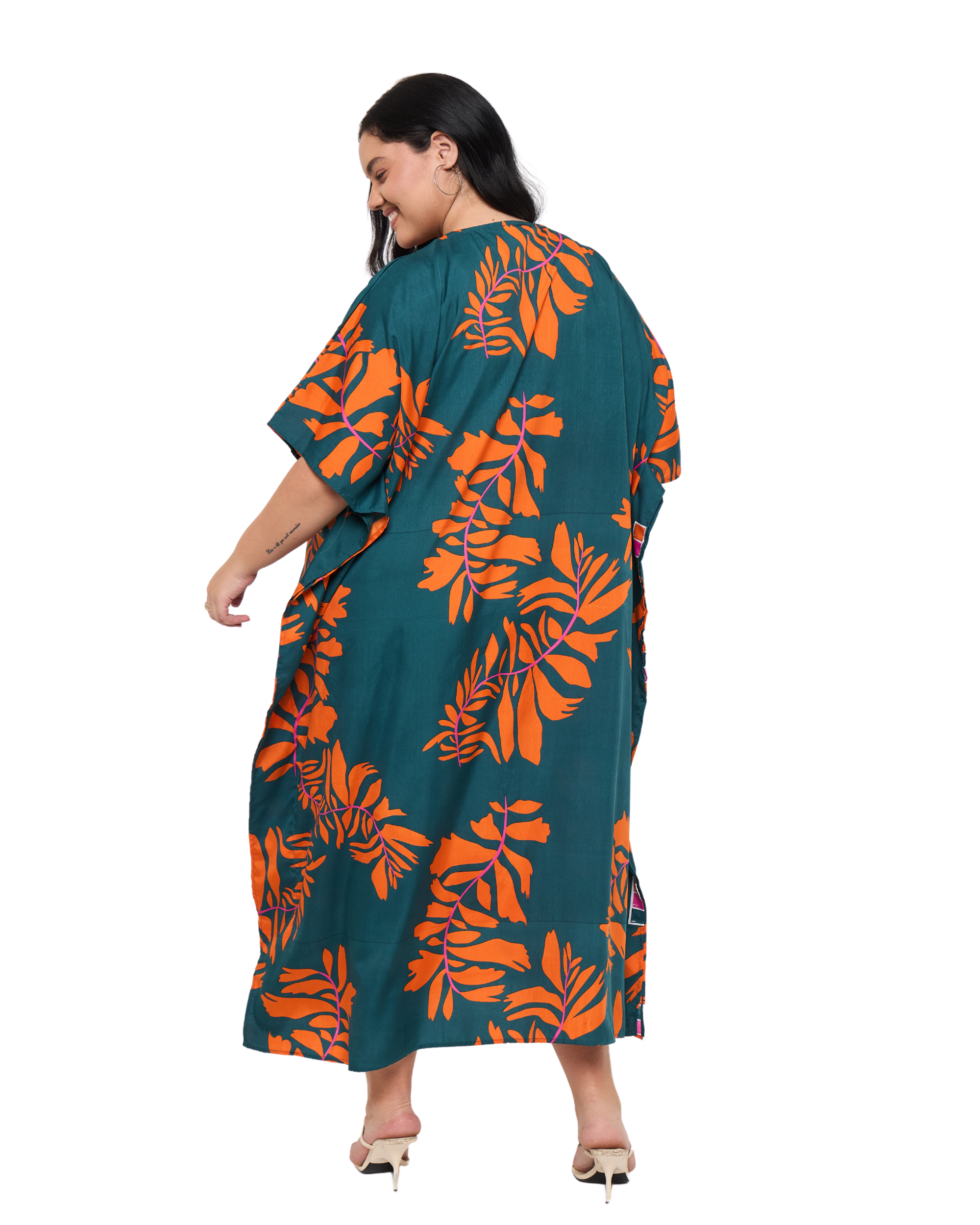 Tropical Leaf Teal Green Polyester Women Plus Size Kaftan Dress for Resort
